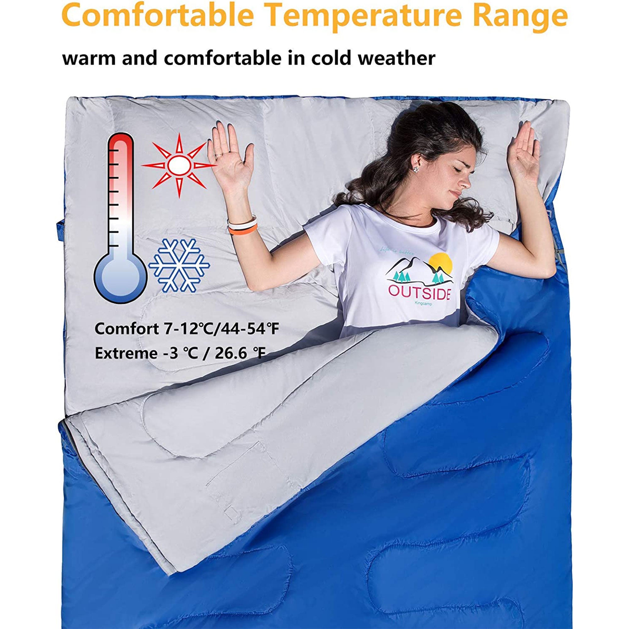 KingCamp 87x59" 2 Person 20 Degree Family Sleeping Bag w/2 Pillows, Blue (Used) - VMInnovations