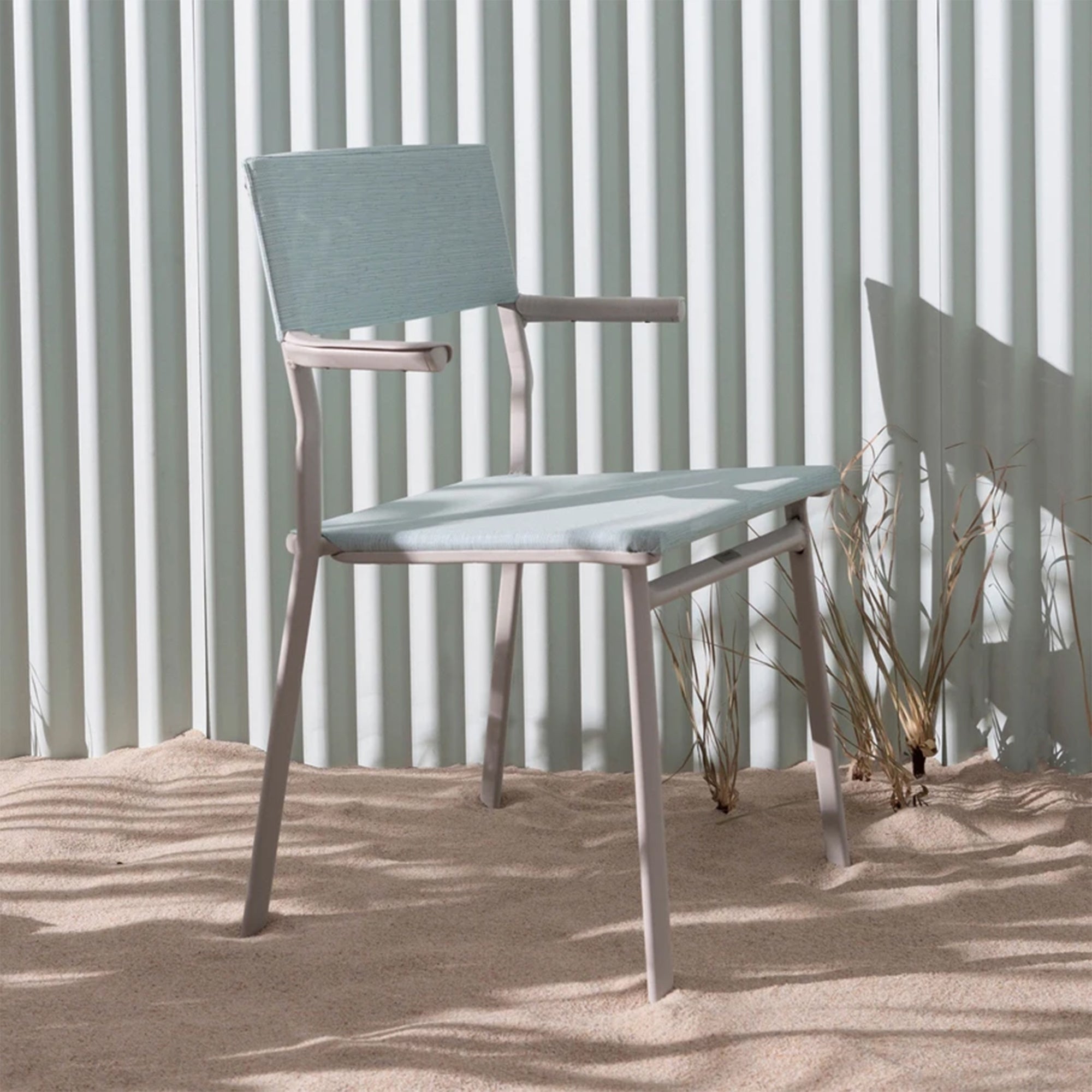 Lafuma Batyline Duo ORON Outdoor Dining Armchair, Sand/Mistral Blue (Set of 2) - VMInnovations