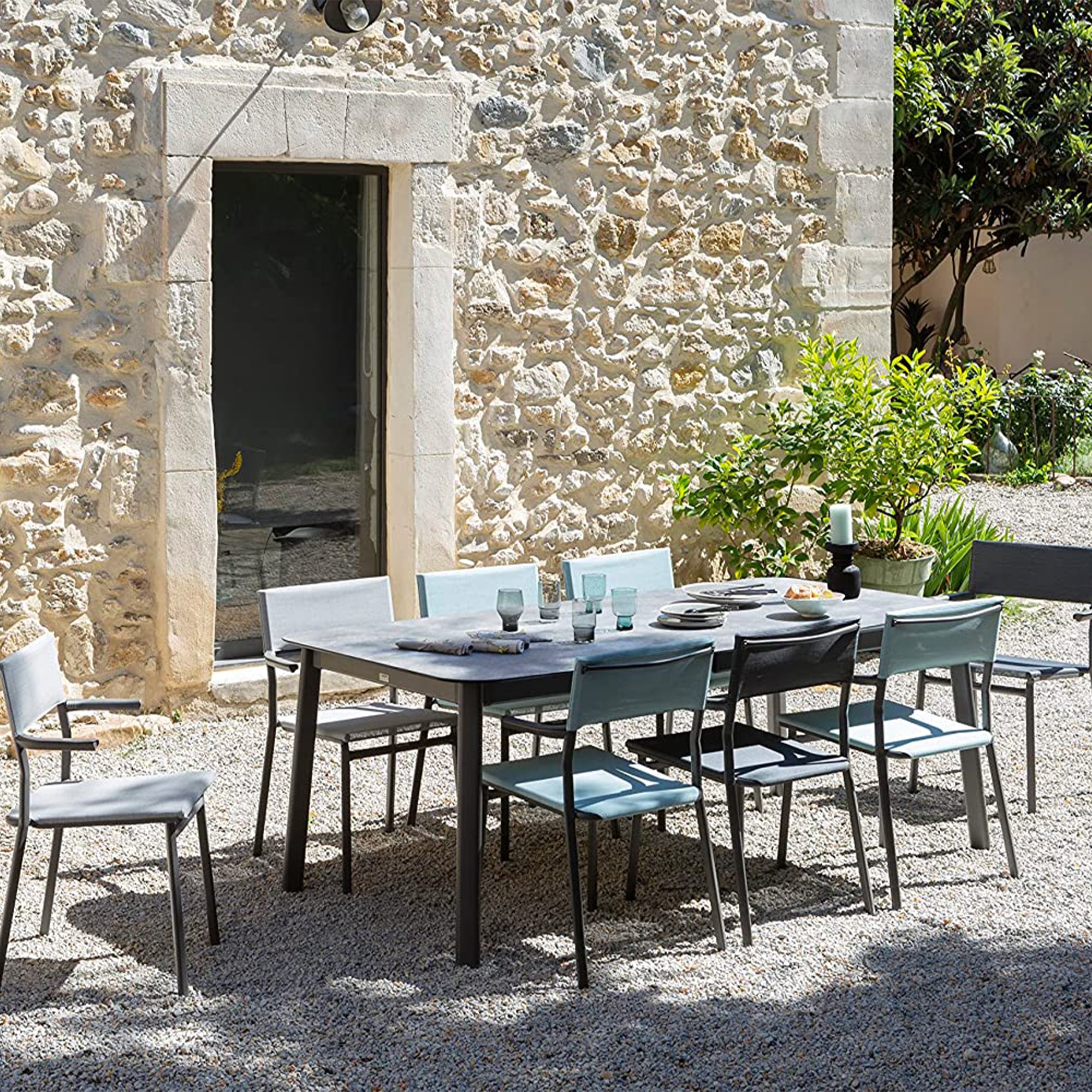 Lafuma Batyline Duo ORON Outdoor Dining Armchair, Sand/Mistral Blue (Set of 2) - VMInnovations