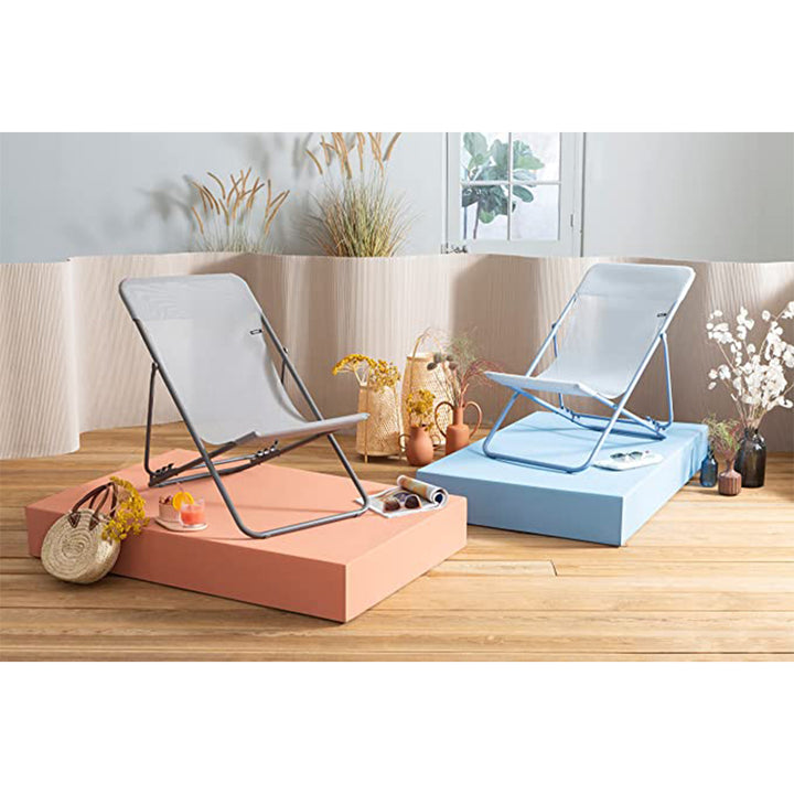 Lafuma Maxi Transat Colorblock Foldable Reclining Sling Deck Chair, Sky (2 Pack) - VMInnovations