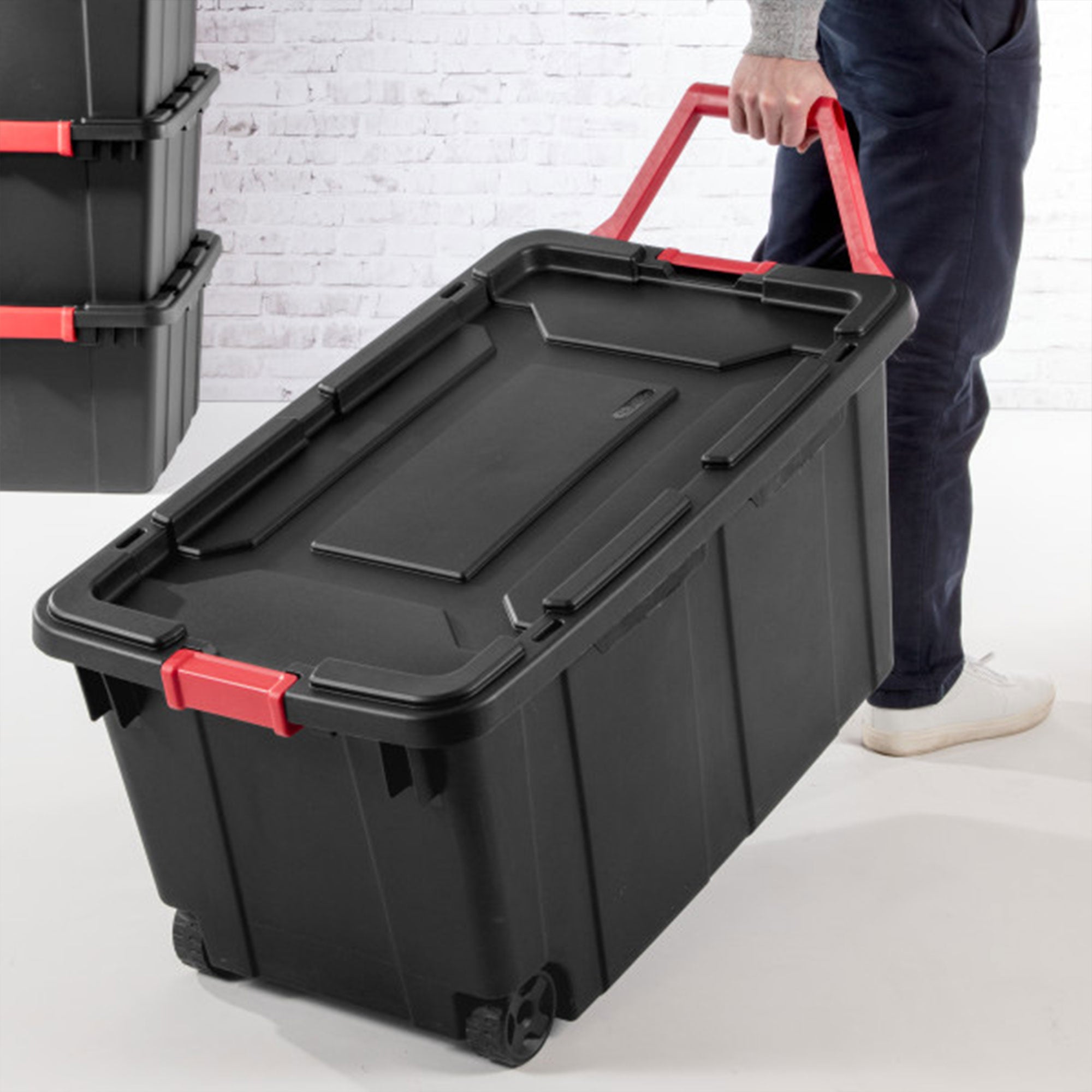 Sterilite 40 Gal Wheeled Industrial Tote Stackable Bin with Latch Lid, 2 Pack