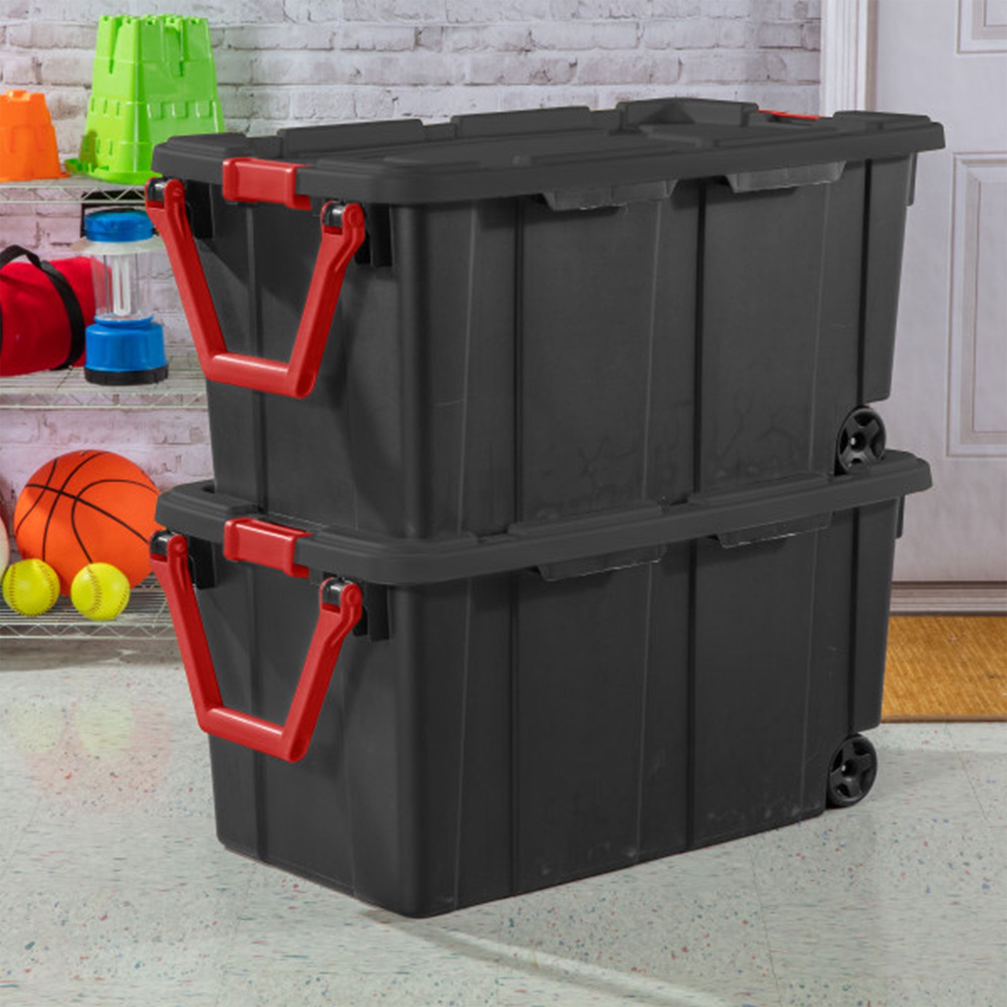 Sterilite Heavy Duty 40 Gallon Wheeled Industrial Storage Tote, Black (6 Pack)