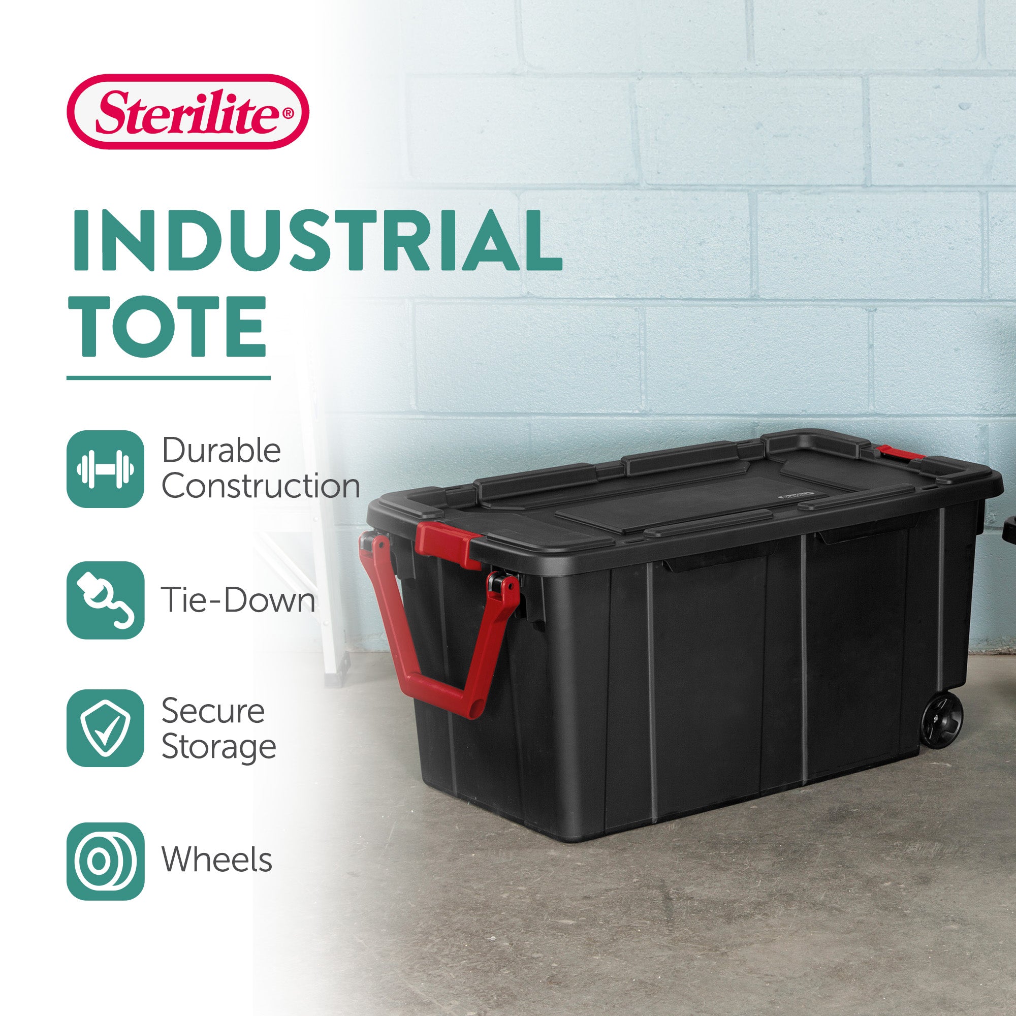 Sterilite Heavy Duty 40 Gallon Wheeled Industrial Storage Tote, Black (8 Pack) - VMInnovations