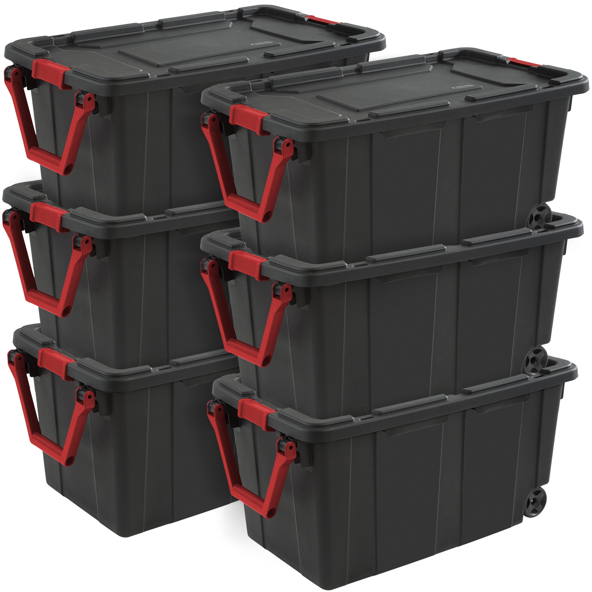 Sterilite Heavy Duty 40 Gallon Wheeled Industrial Storage Tote, Black (6 Pack)
