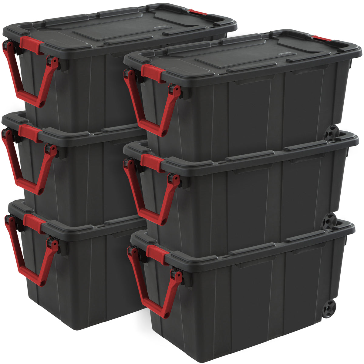 Sterilite Heavy Duty 40 Gallon Wheeled Industrial Storage Tote, Black (6 Pack) - VMInnovations