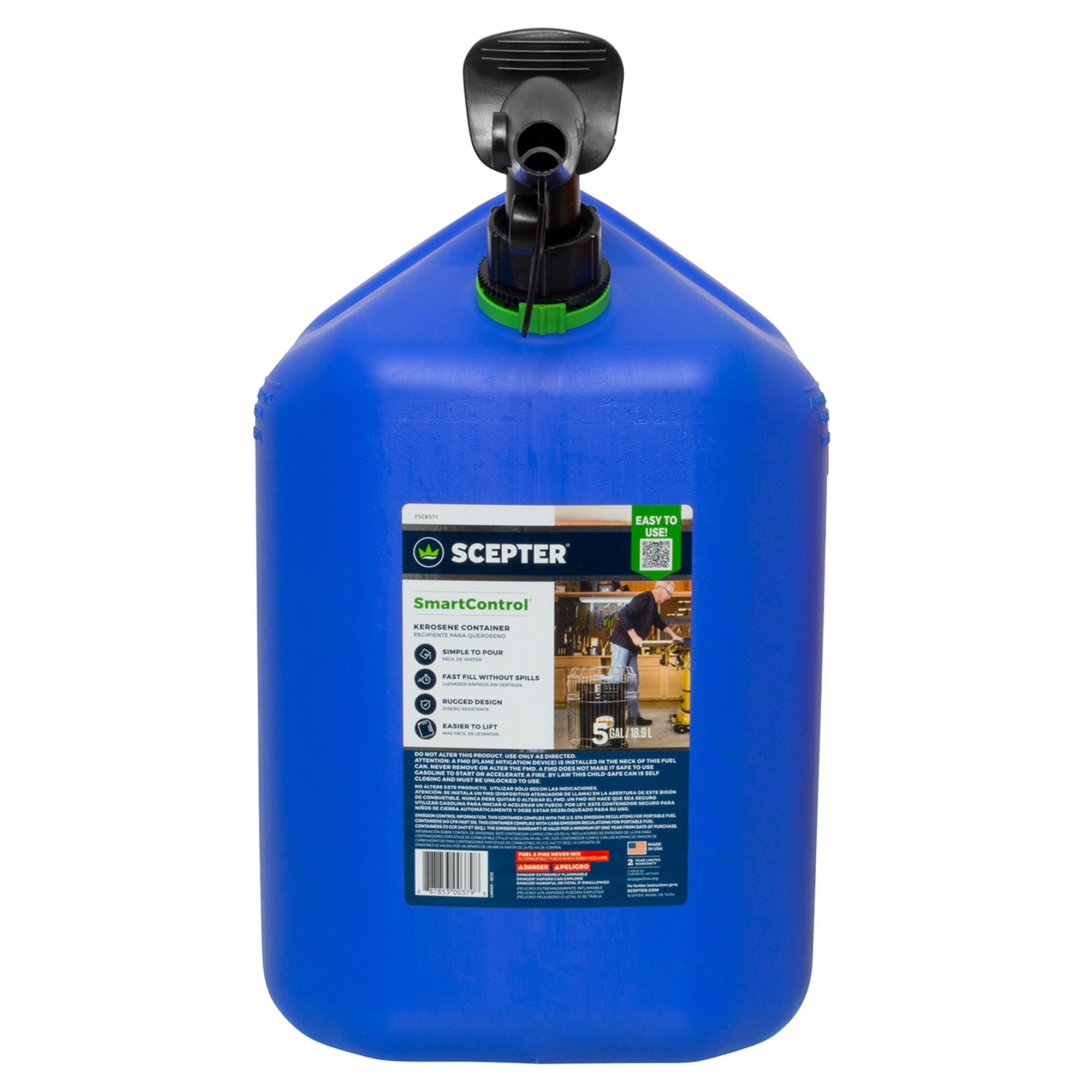 Scepter SmartControl Dual Handle Kerosene Can Container Jug, 5 Gal/18.9L, Blue - VMInnovations
