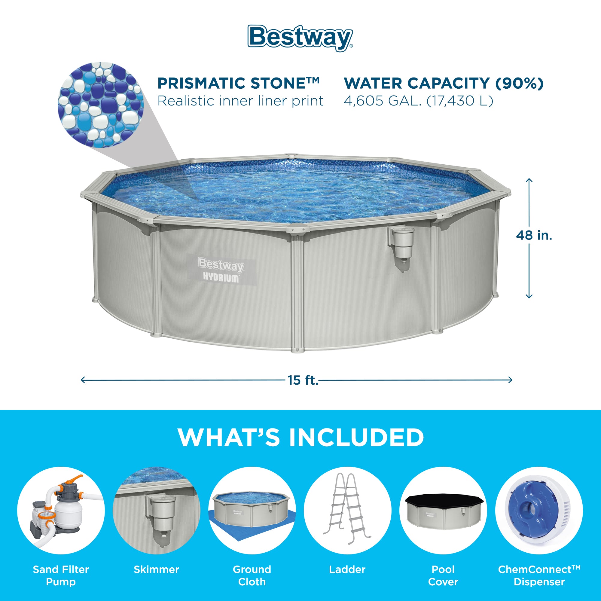 Bestway Hydrium 15'x48" Round Steel Wall Swimming Pool Set, Gray (Used) - VMInnovations