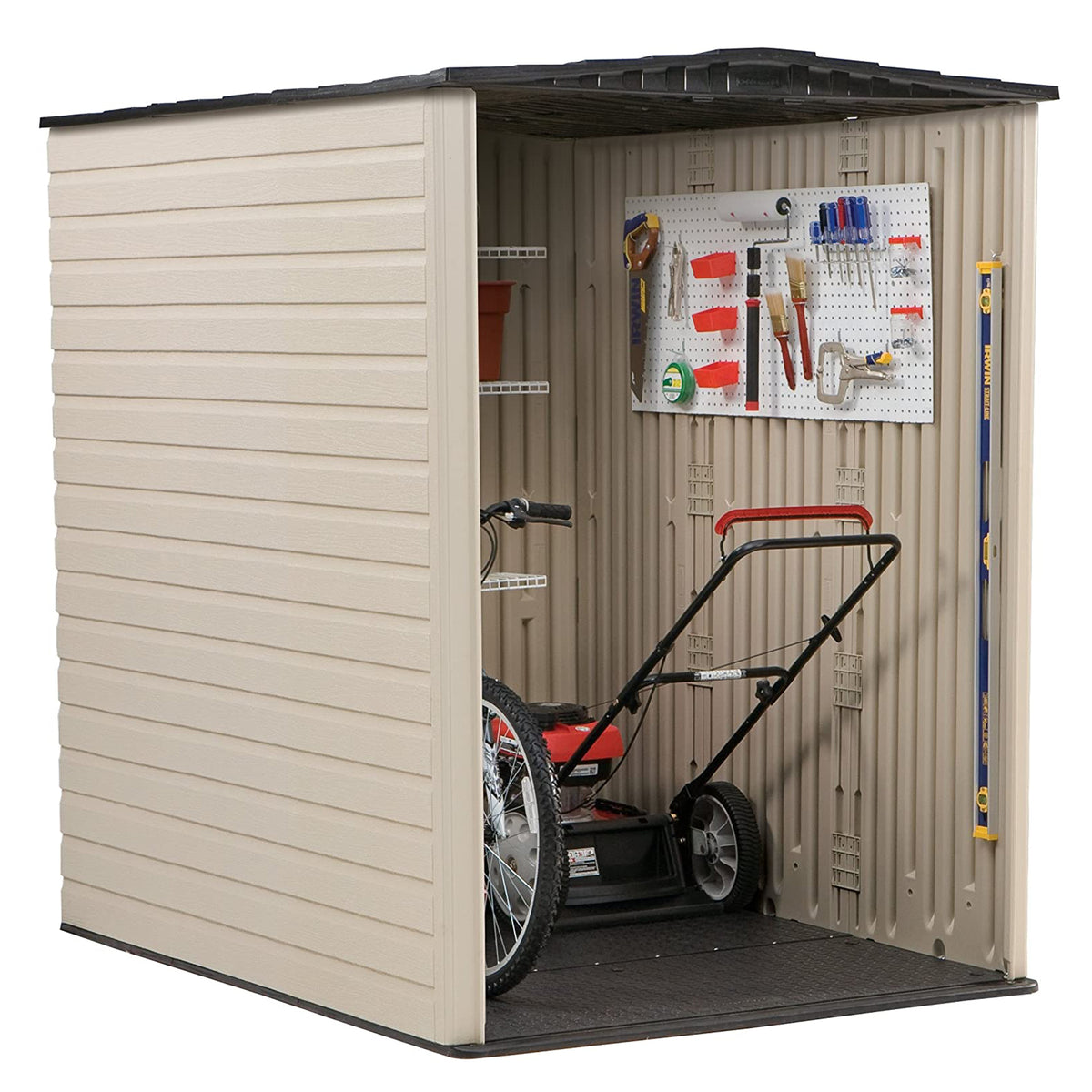 Rubbermaid 5x6 Ft Resin Weather Resistant Outdoor Shed, Sandstone (For Parts)