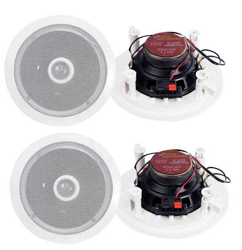Pyle 6.5" 500W 2-Way Round In-Wall/Ceiling Home Audio Speaker System, White, 4pk