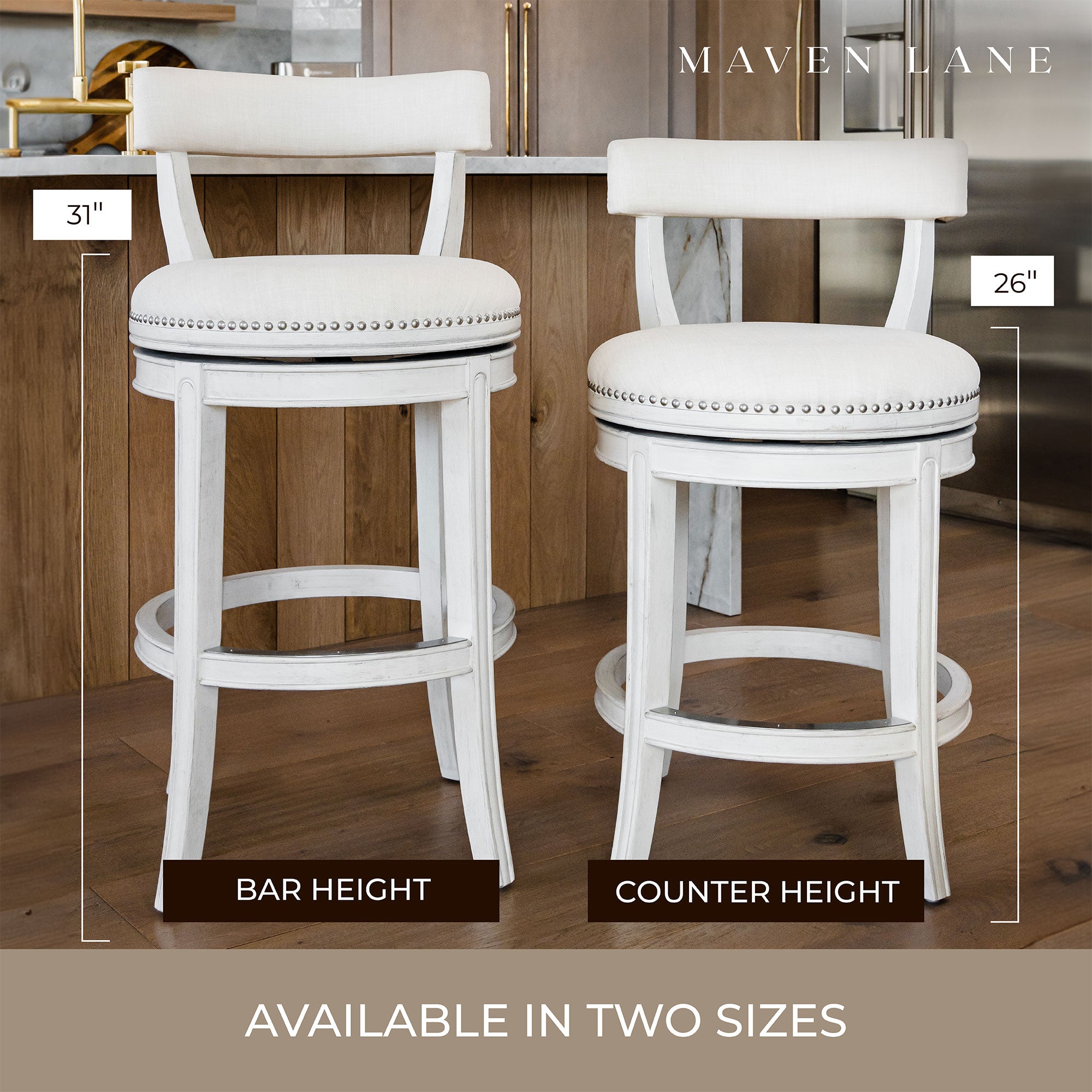 Maven Lane Alexander Bar Stool, White Oak w/ Natural Fabric Upholstery, Set of 3