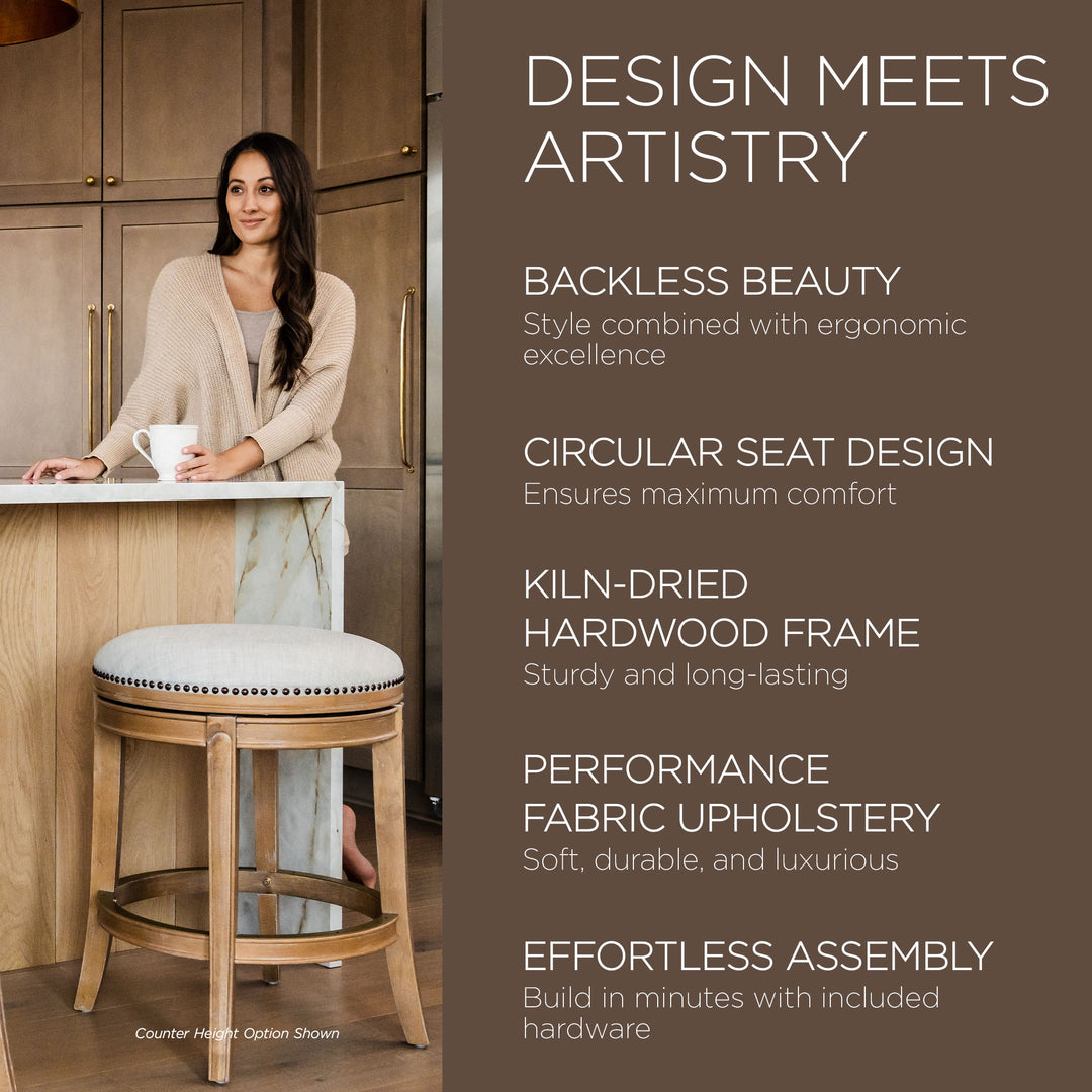 Maven Lane Alexander Backless Bar Stool in Weathered Oak Finish w/ Sand Color Fabric Upholstery - VMInnovations