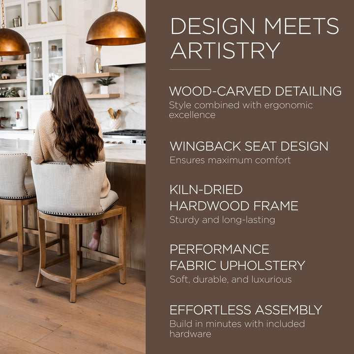 Maven Lane Hugo Counter Stool, Weathered Oak Finish Sand Color Fabric Upholstery - VMInnovations