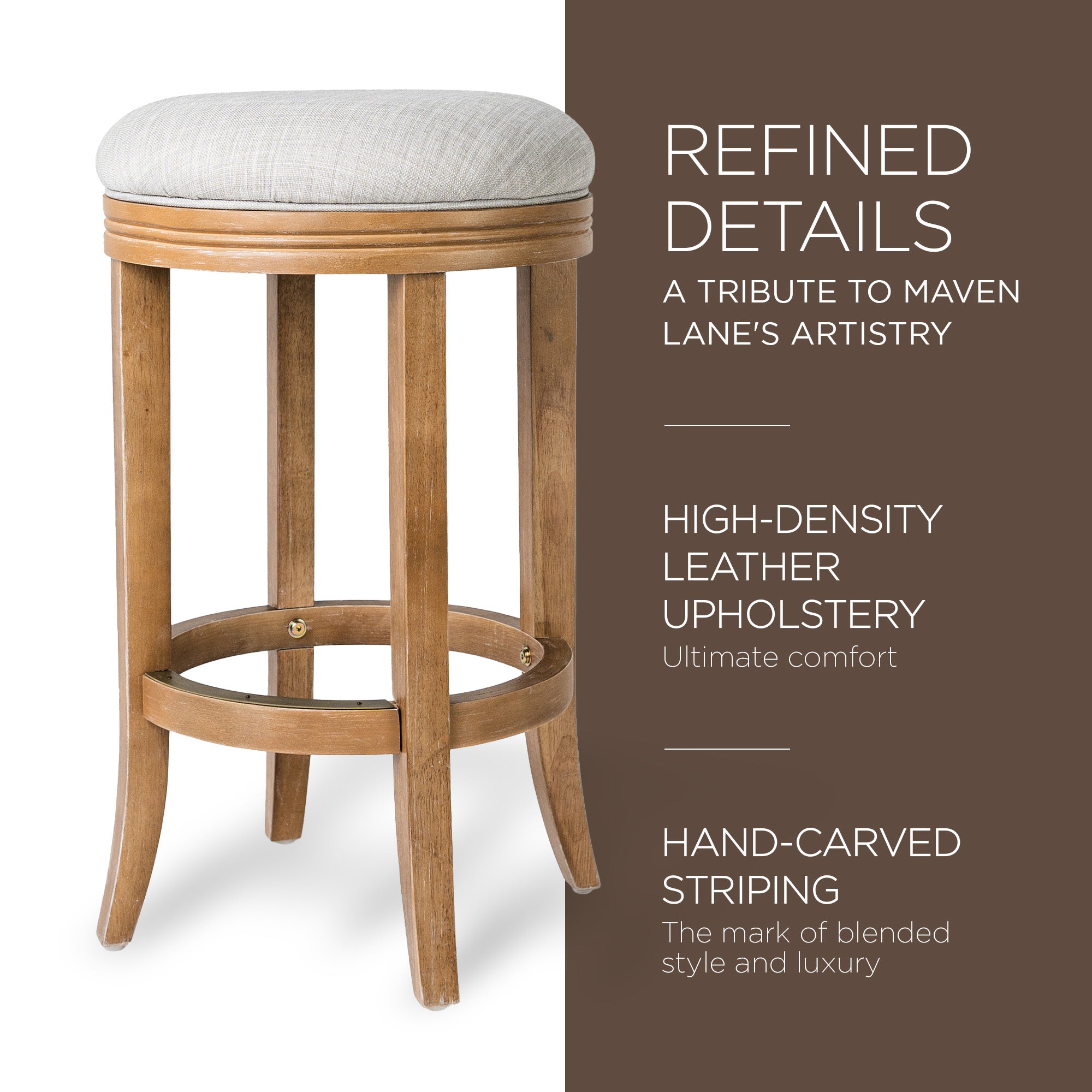 Maven Lane Eva Bar Stool in Weathered Oak Finish w/ Sand Color Fabric Upholstery - VMInnovations