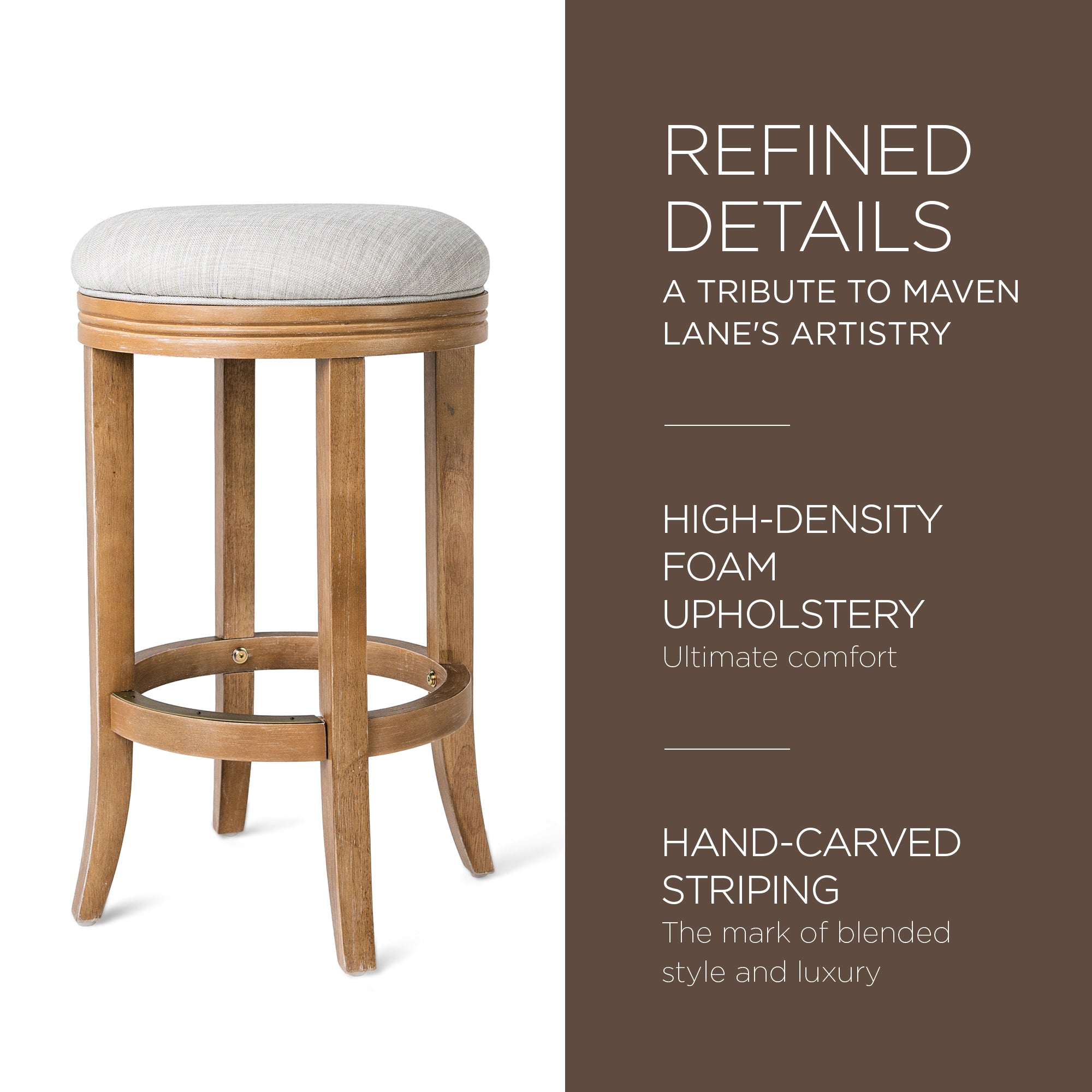 Maven Lane Eva Counter Stool in Weathered Oak Finish w/ Sand Color Fabric Upholstery - VMInnovations