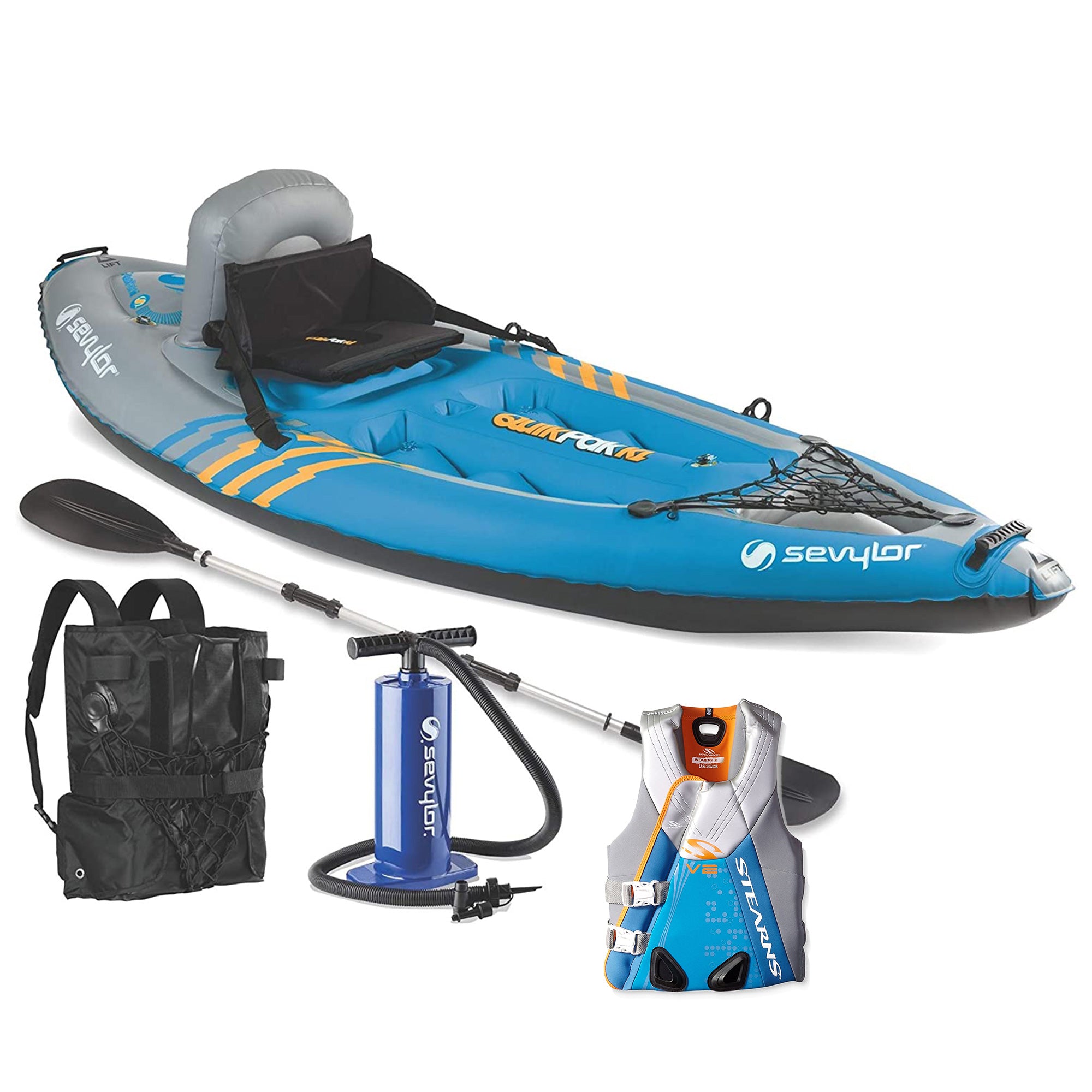 Sevylor K1 QuikPak 1 Person Kayak and Stearns Women's Life Vest, Blue, Large
