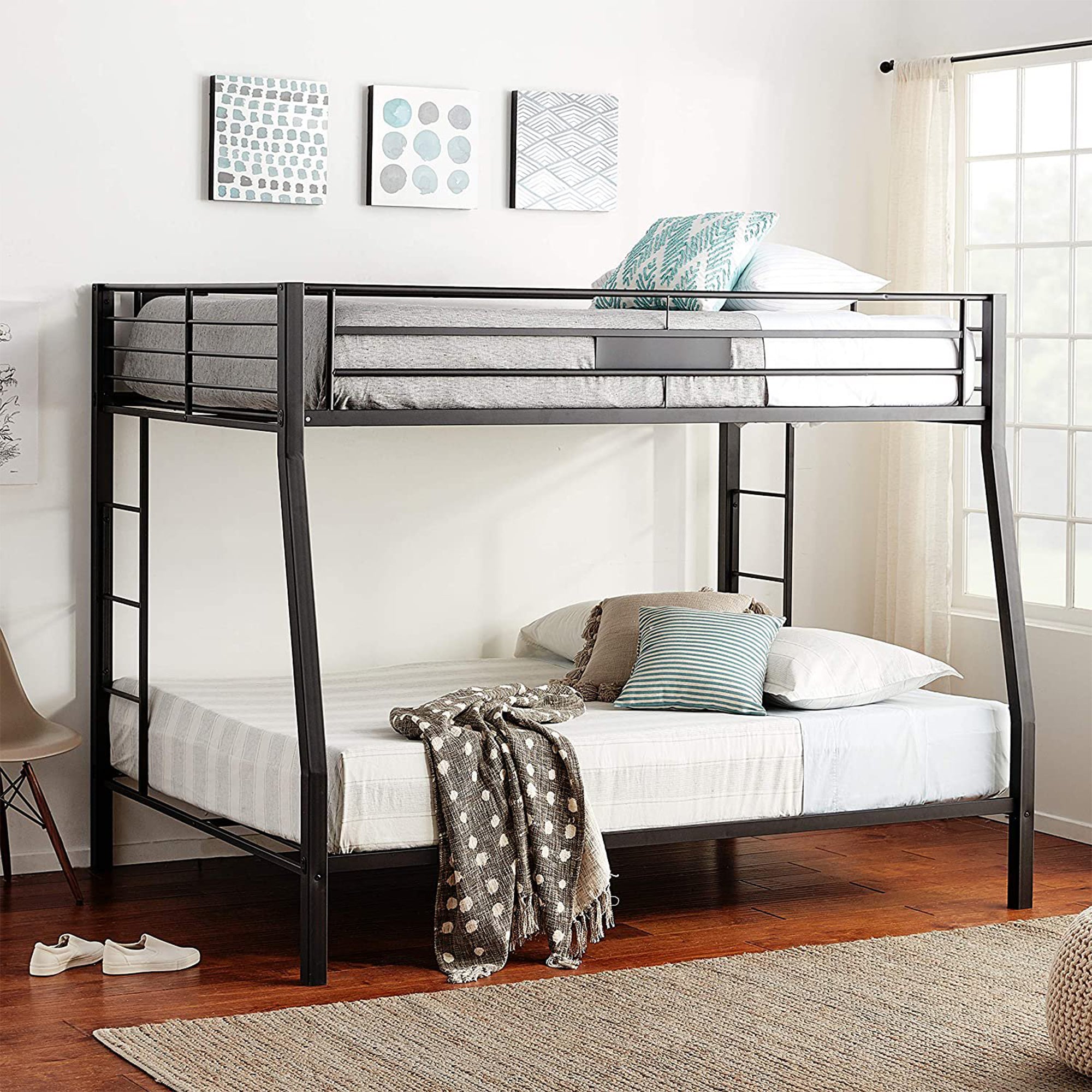 ACME Limbra Twin Full/Queen Bunk Bed Frame w/ 2 Ladders & 1 Guardrail, Black Sand