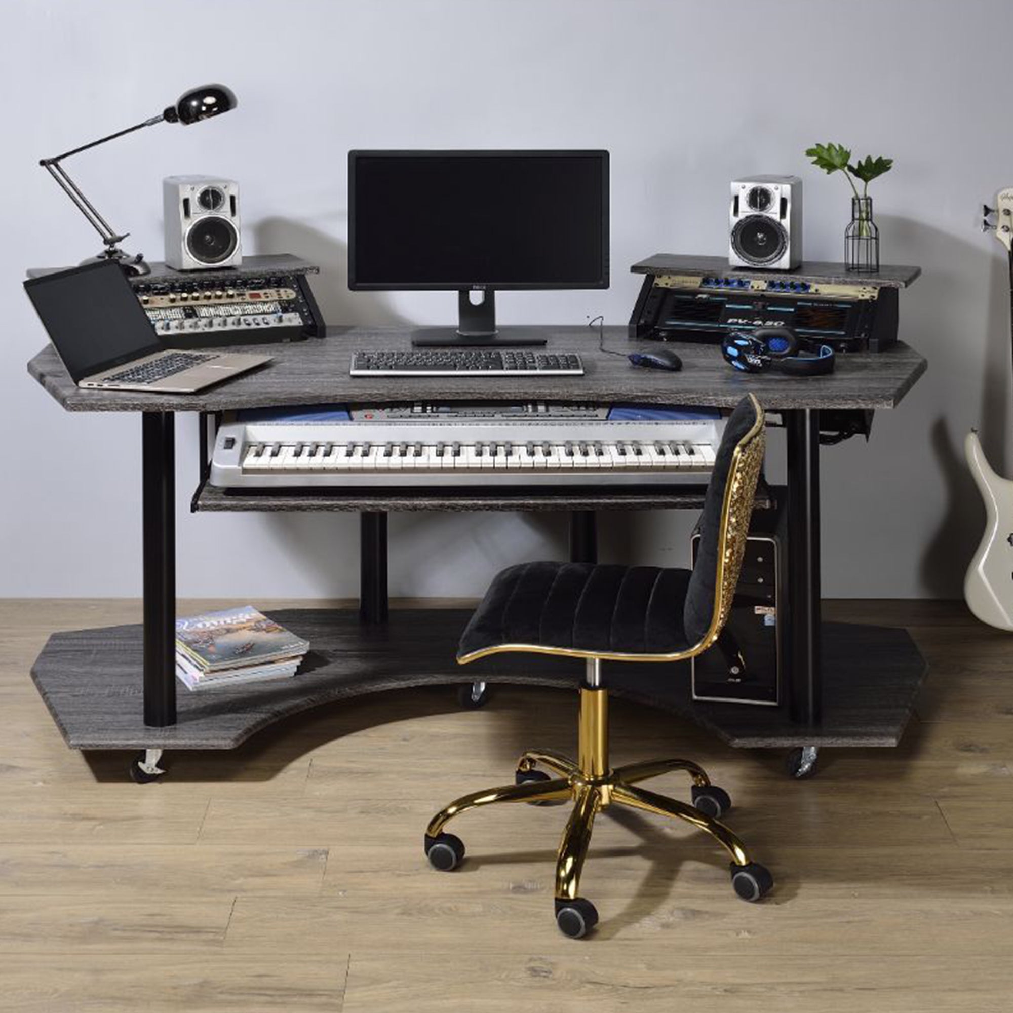 ACME 71" Eleazar Music Recording Studio Home Office Desk Hutch, Black Oak Finish (Open Box)