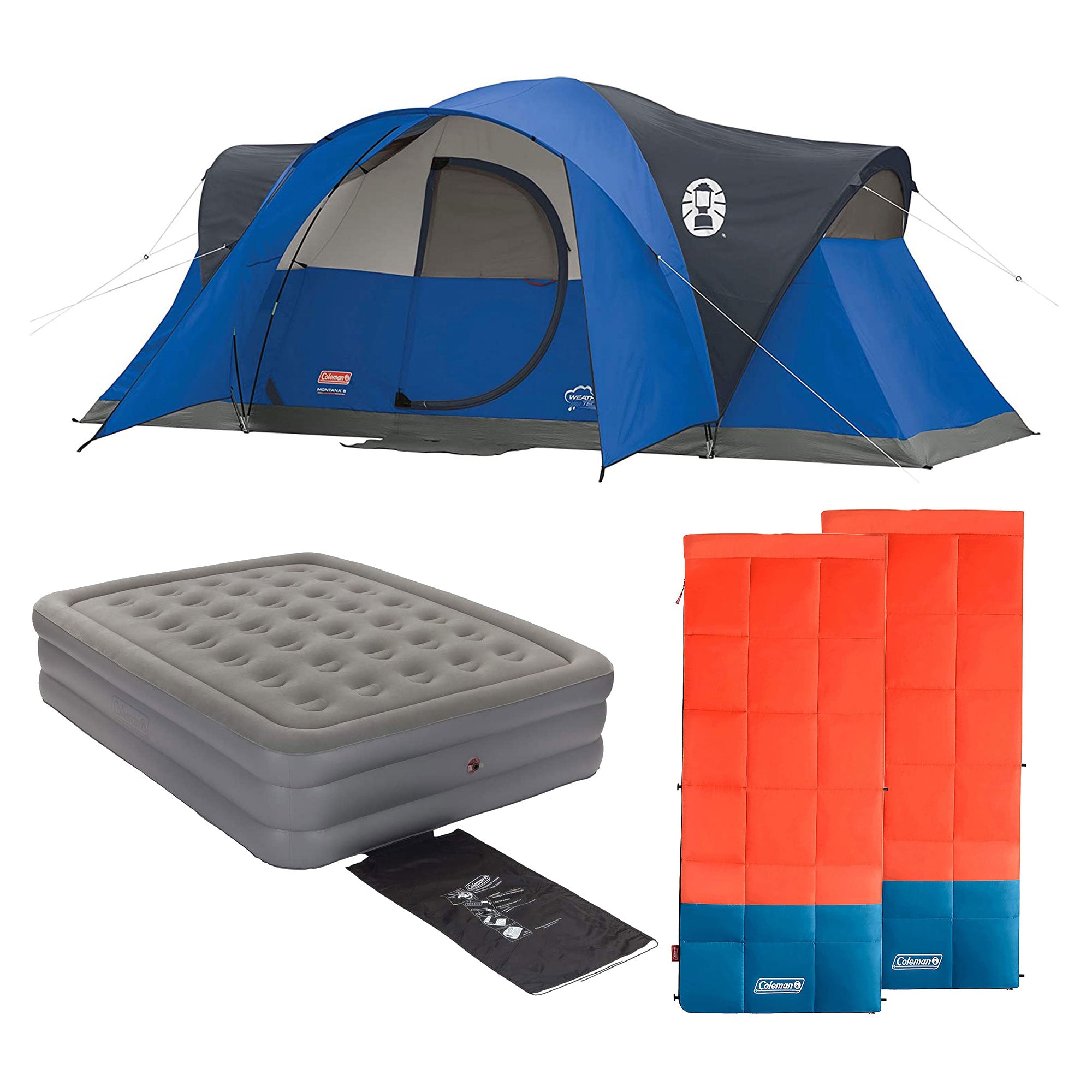 Coleman 8 Person Camp Tent,18" Airbed, Queen & 40 Degree F Sleeping Bag (2 Pack)