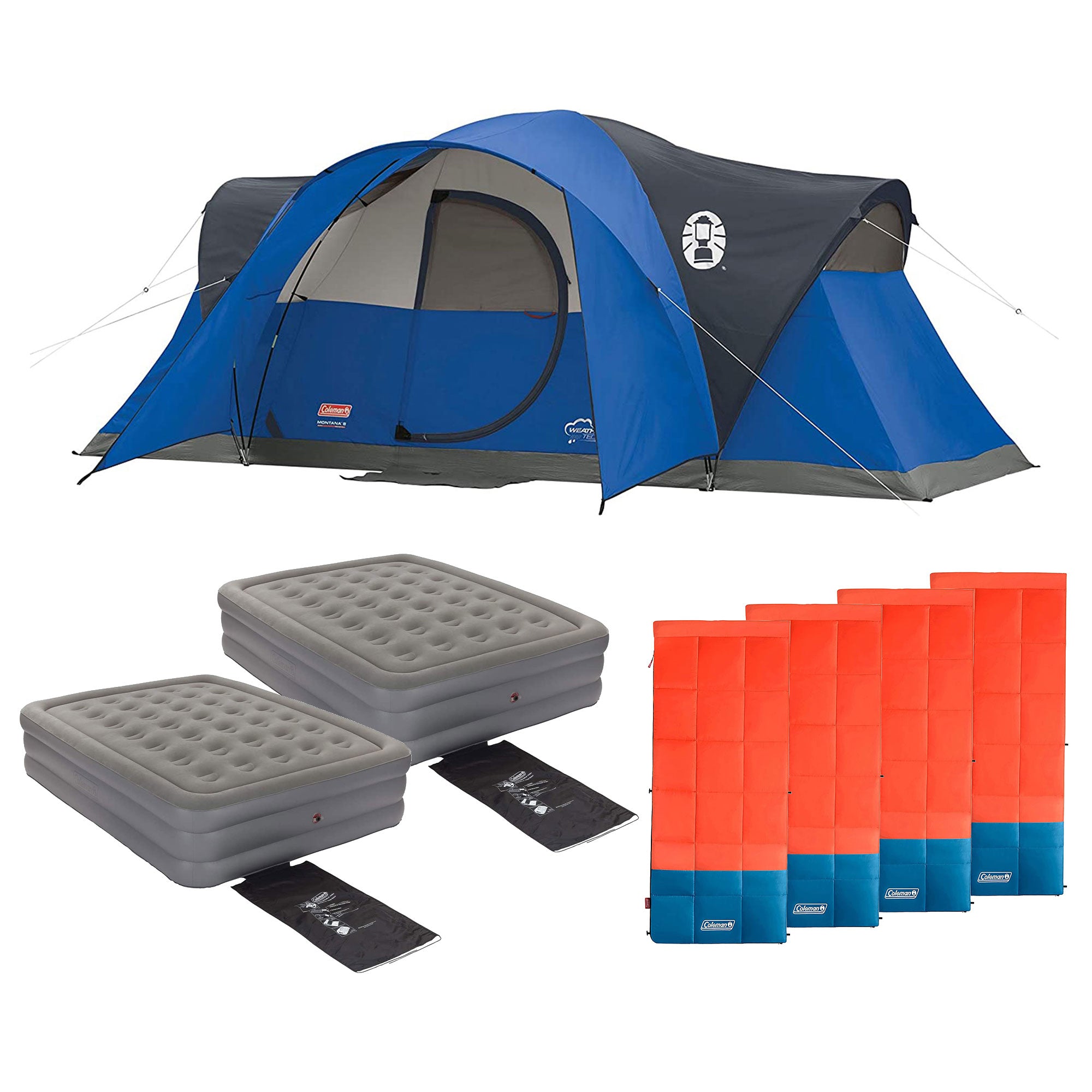 Coleman 8 Person Tent, 18" Queen Airbed(2 Pack) & 40 Degree Sleeping Bag(4 Pack) - VMInnovations
