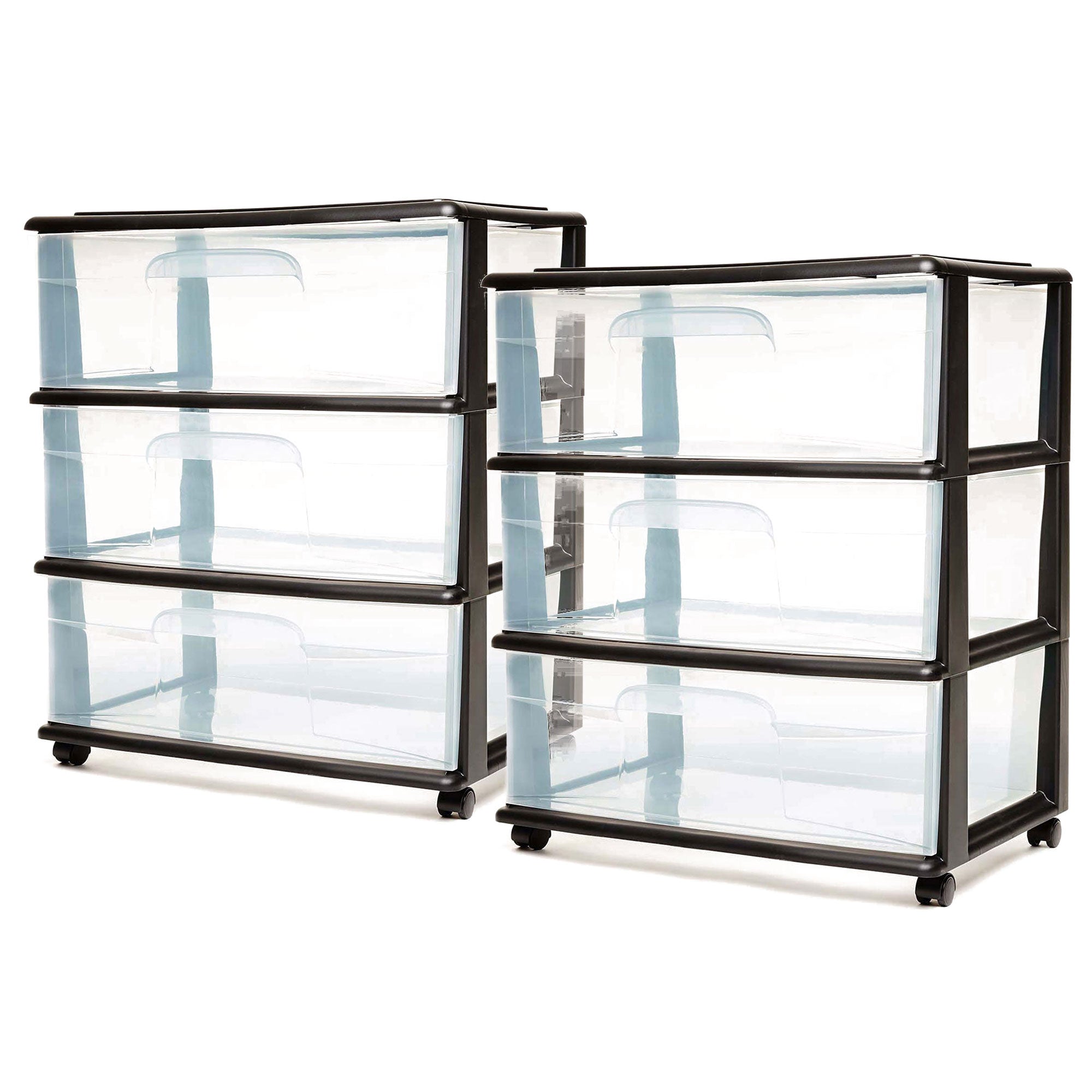 Homz Tall Solid Plastic 3 Drawer Medium Storage Cart with Wheels, Black (2 Pack) - VMInnovations