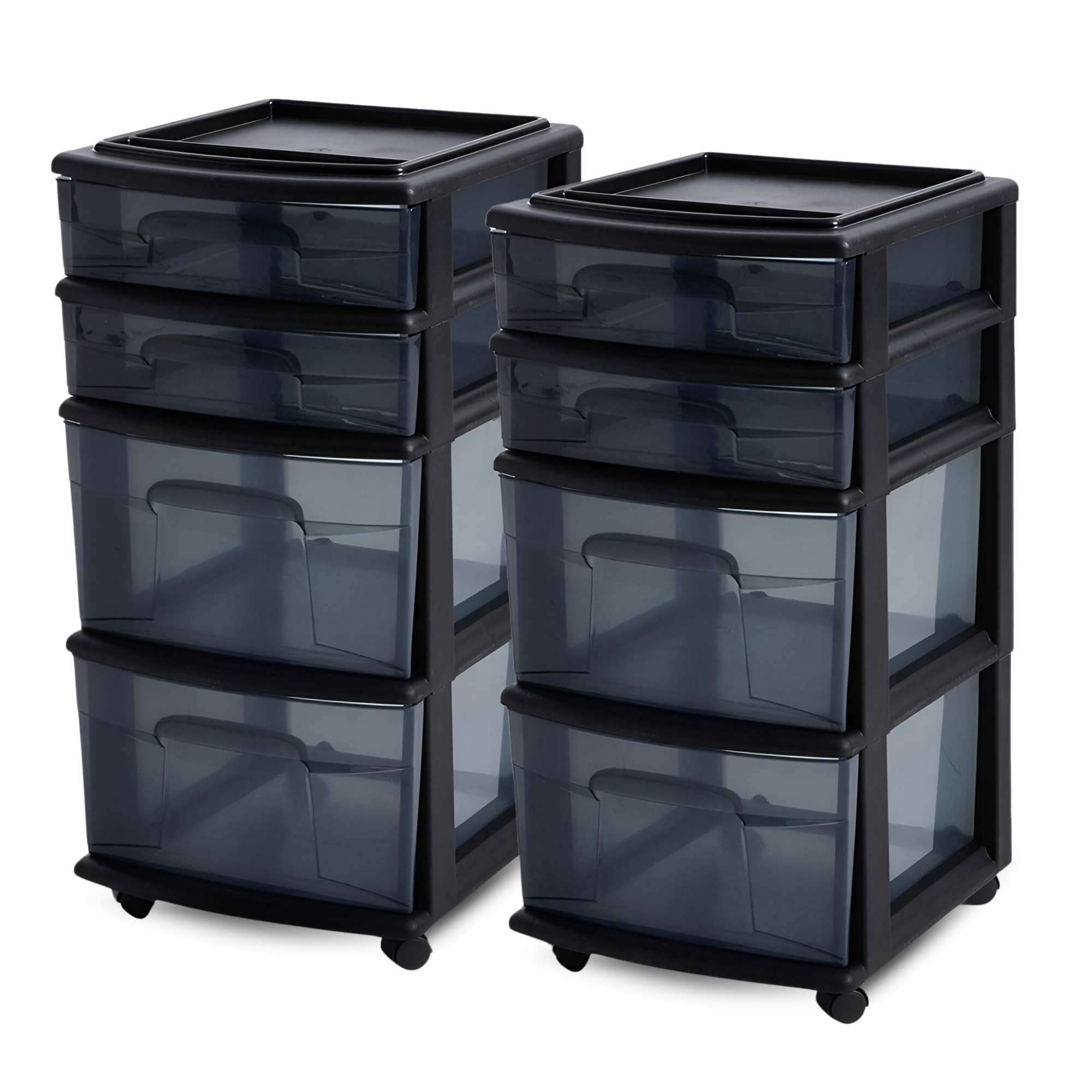 Homz Tall Solid Plastic 4 Drawer Medium Storage Cart with Wheels, Black (2 Pack) - VMInnovations