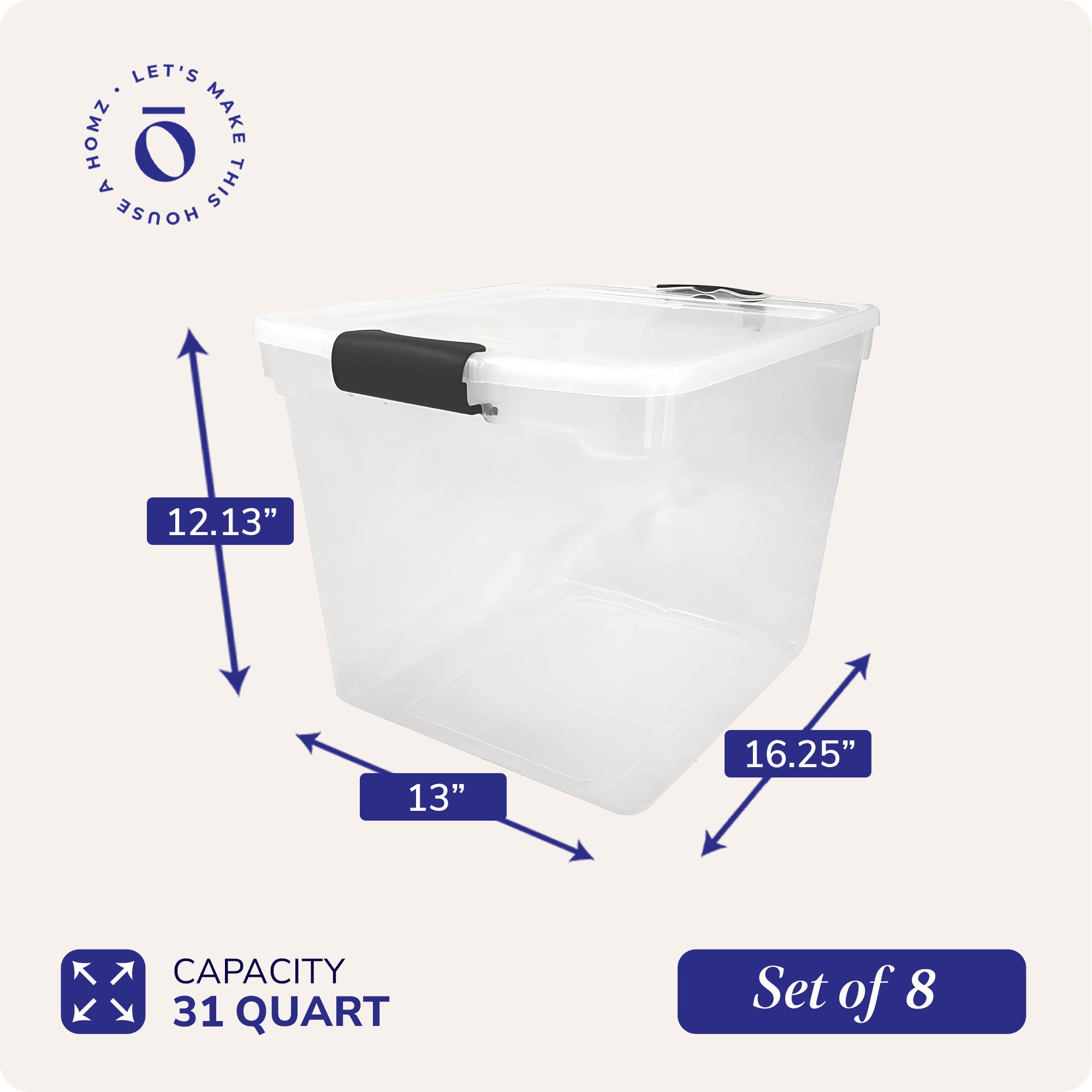 Homz Secure Latch Large Clear Stackable Storage Container Bin, 31 Quart (8 Pack) - VMInnovations