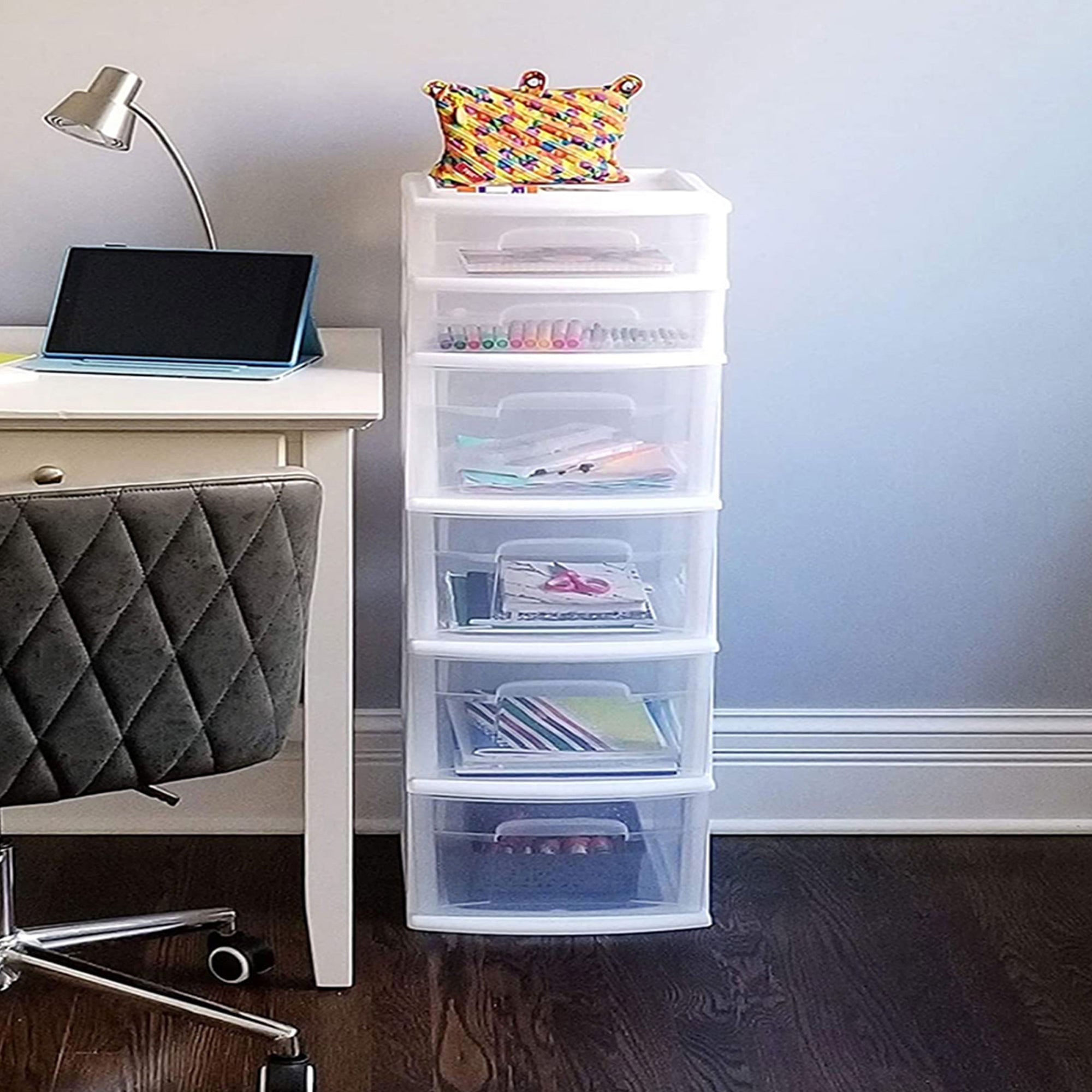 Homz Plastic 6 Clear Drawer Medium Home Storage Container Tower, White (2 Pack) - VMInnovations