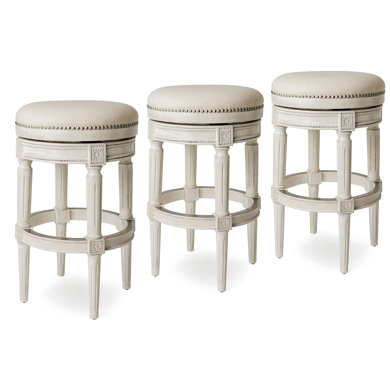 Maven Lane Pullman Backless Bar Stool in White Oak Finish w/ Natural Color Fabric Upholstery, Set of 3 - VMInnovations