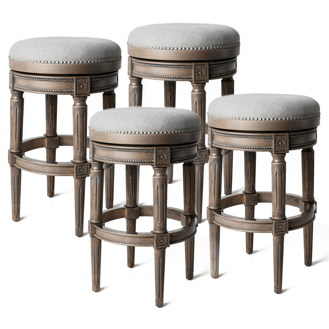 Maven Lane Pullman Backless Bar Stool in Reclaimed Oak Finish w/ Ash Grey Fabric Upholstery, Set of 4 - VMInnovations