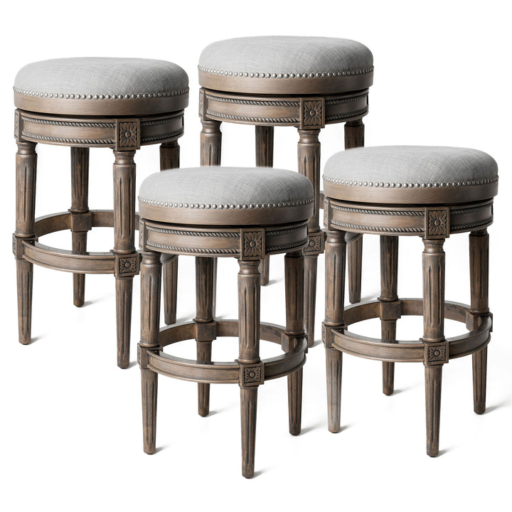 Maven Lane Pullman Backless Bar Stool in Reclaimed Oak Finish w/ Ash Grey Fabric Upholstery, Set of 4 - VMInnovations