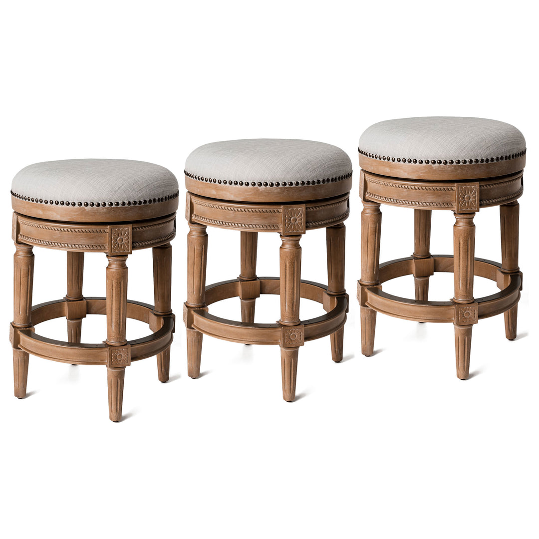 Maven Lane Pullman Backless Counter Stool in Weathered Oak Finish w/ Sand Color Fabric Upholstery, Set of 3 - VMInnovations