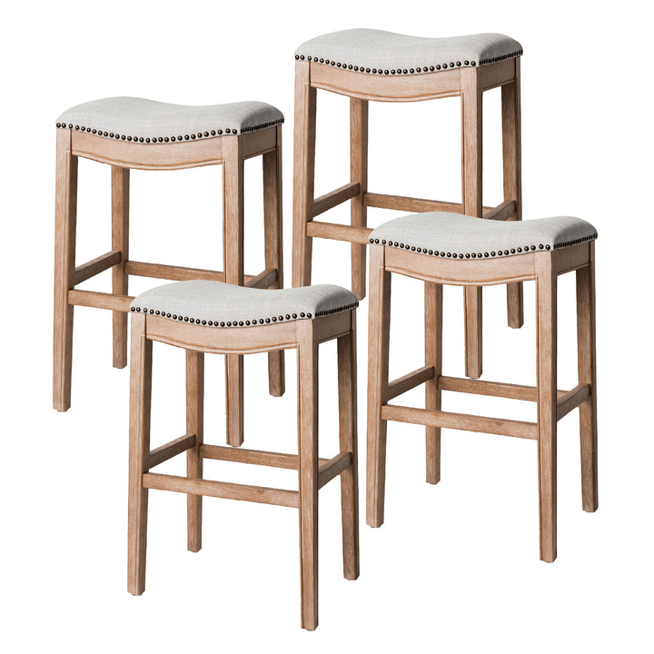 Maven Lane Adrien Saddle Bar Stool in Weathered Oak Finish w/ Sand Color Fabric Upholstery, Set of 4 - VMInnovations
