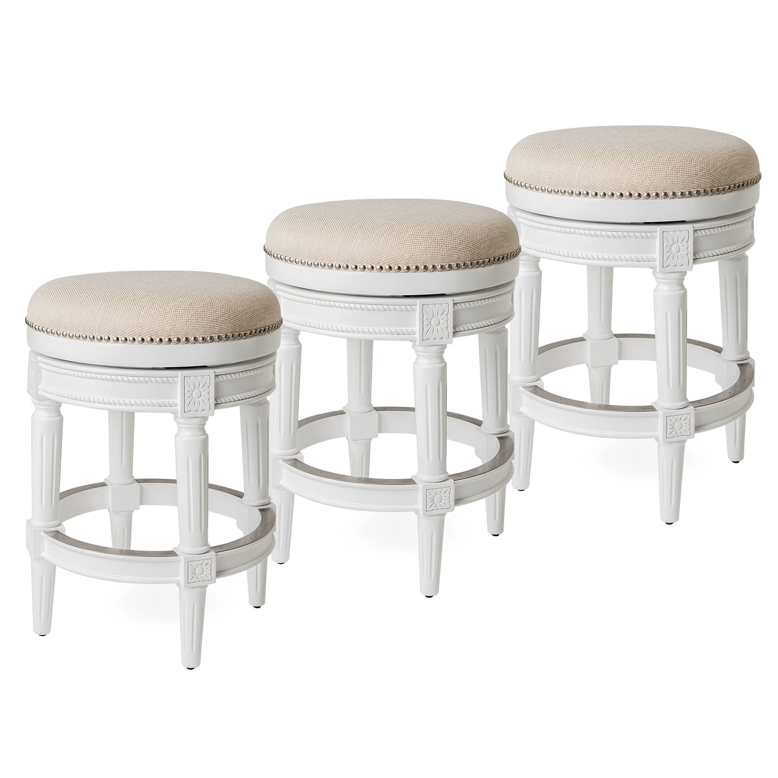 Maven Lane Pullman Backless Counter Stool in Alabaster White Finish with Cream Fabric Upholstery, Set of 3 - VMInnovations