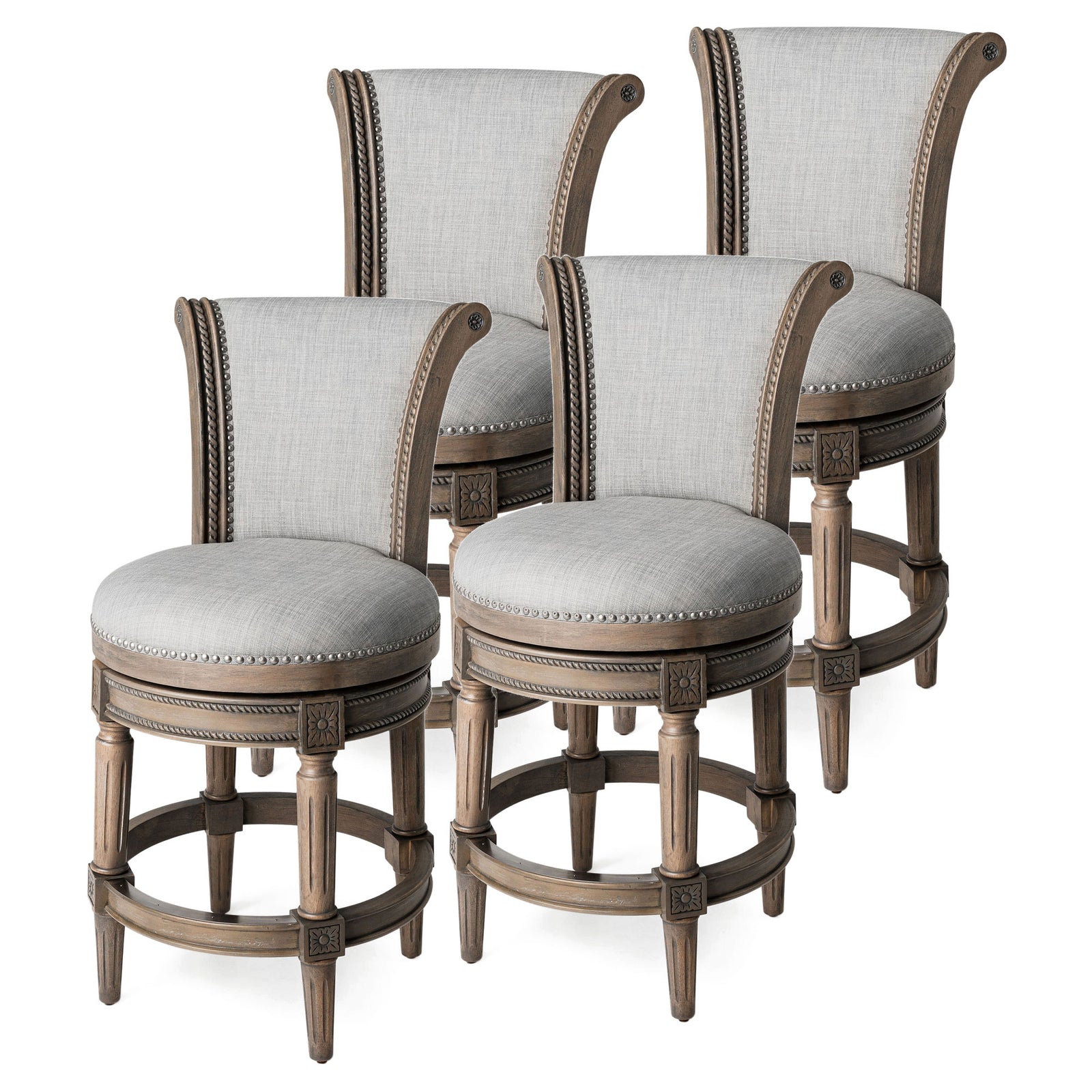 Maven Lane Pullman Counter Stool in Reclaimed Oak Finish with Ash Grey Fabric Upholstery, Set of 4 - VMInnovations