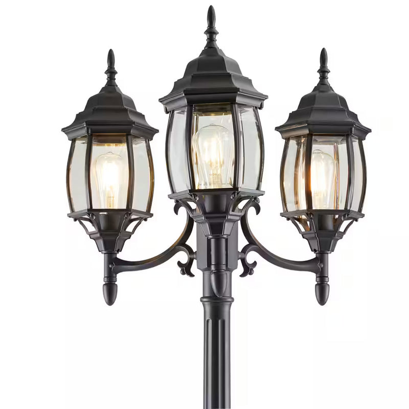 Noma Triple-Head Outdoor Weather Resistant Lamp Post Lantern w/Real Glass, Black