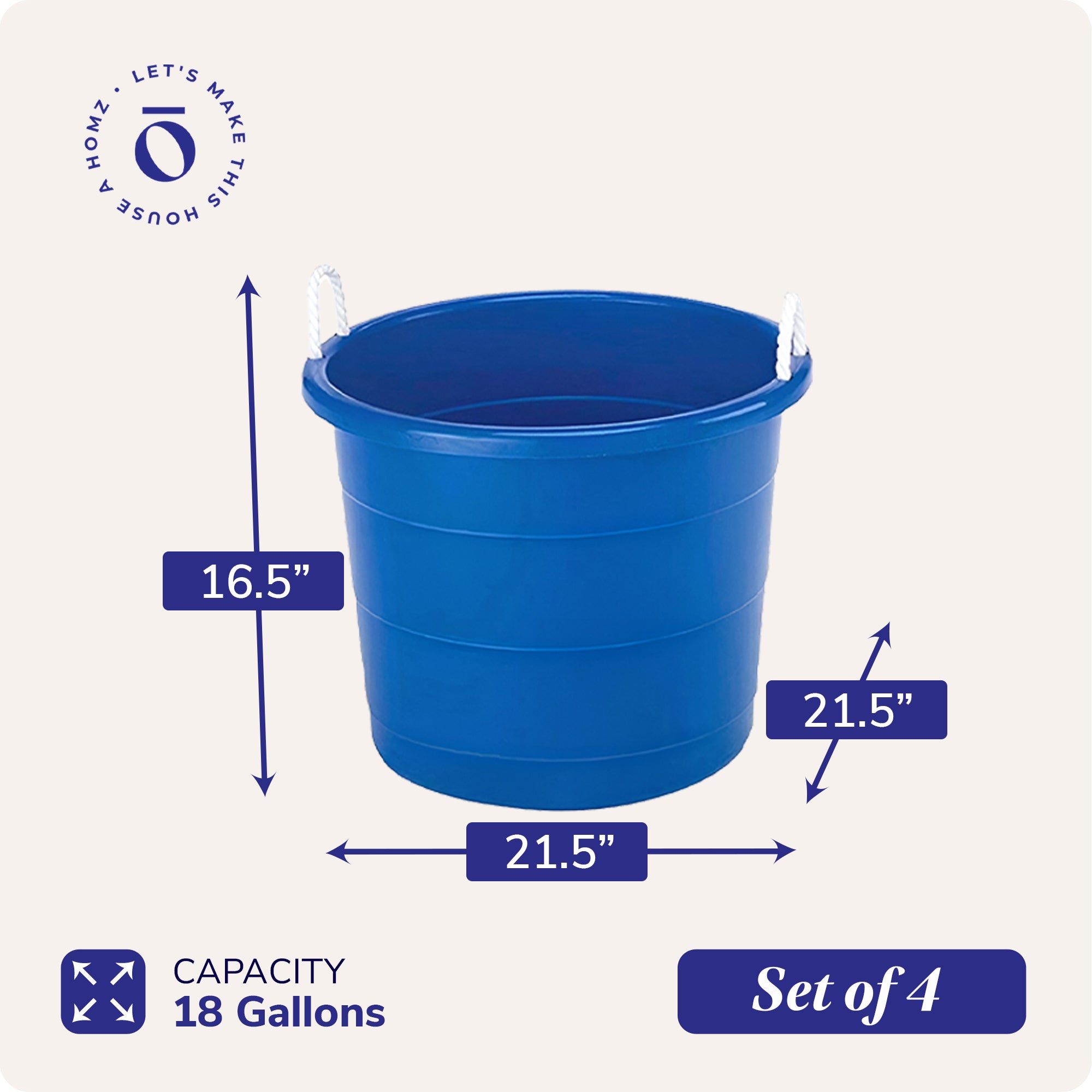 Homz 18 Gal Plastic Open Storage Round Utility Tub with Handles, Blue (4 Pack) - VMInnovations
