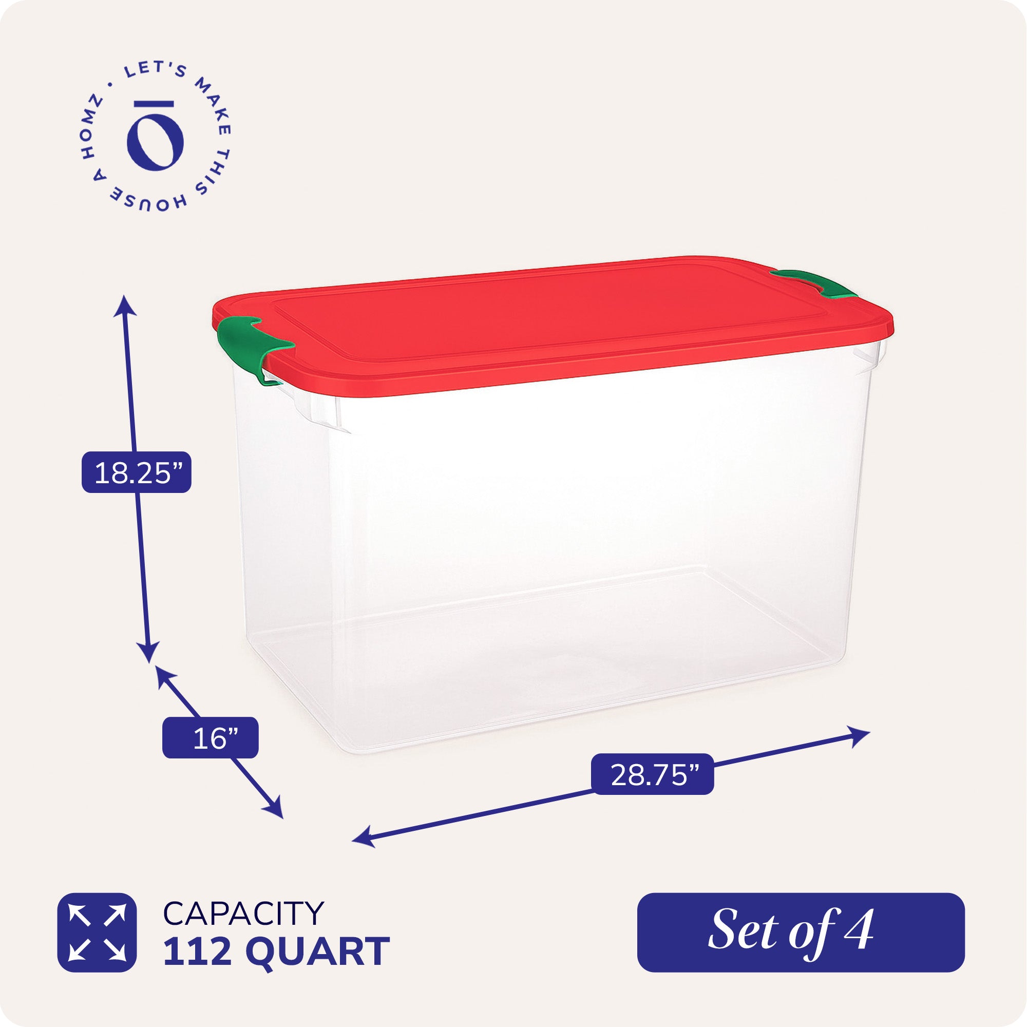 Homz 112 Qt Latching Holiday Plastic Storage Container Tote Box, Clear (4 Pack)