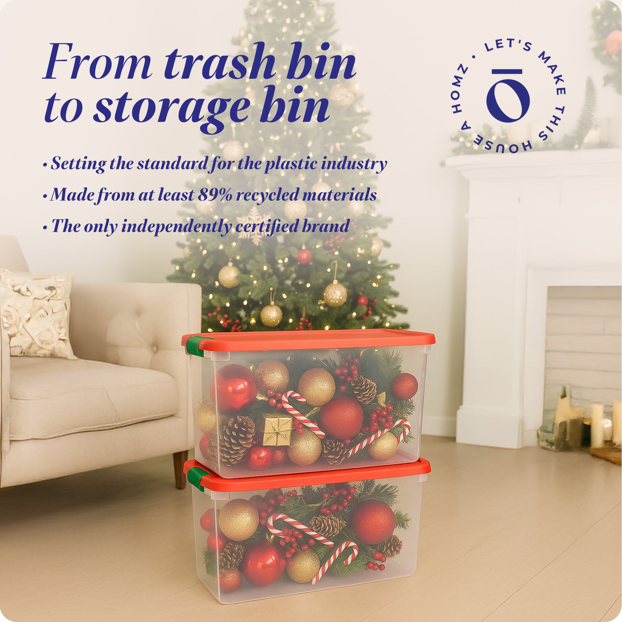 Homz 112 Qt Latching Holiday Plastic Storage Container Tote Box, Clear (4 Pack)