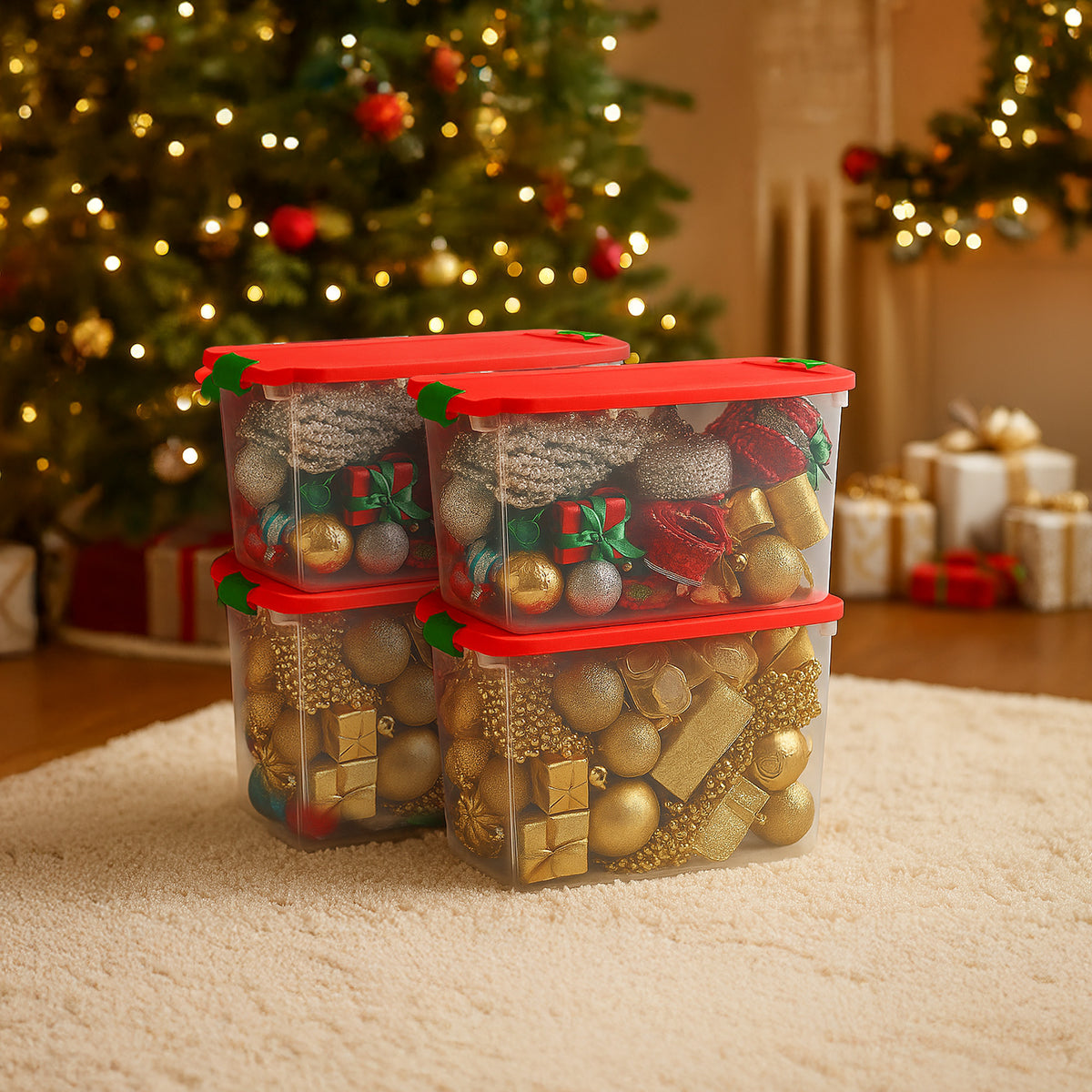 Homz 112 Qt Latching Holiday Plastic Storage Container Tote Box, Clear (4 Pack)