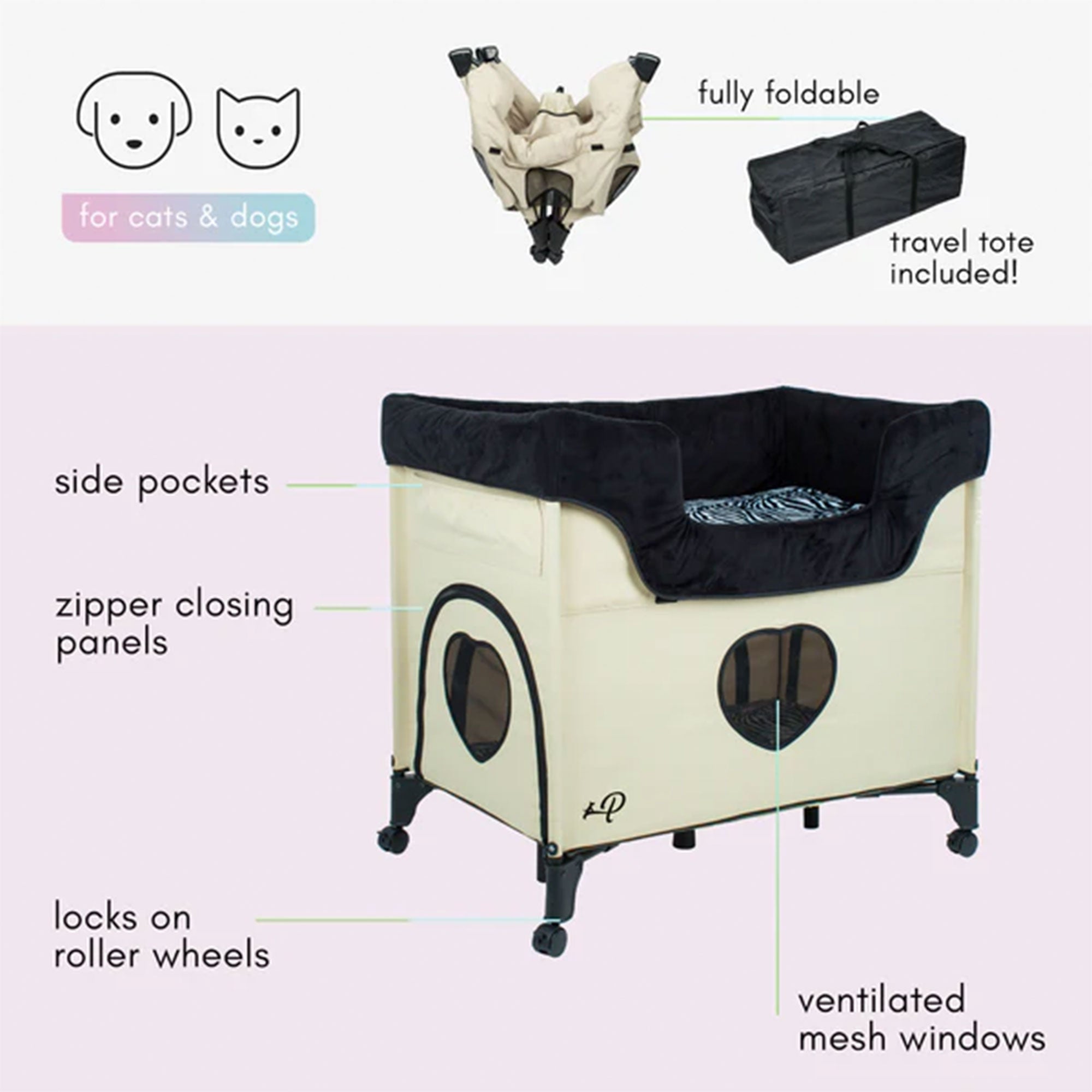 Bedside Lounge 2 Level Wheeled Pet Bed & Cot w/ Mattress, Zebra Vibes (Open Box) - VMInnovations