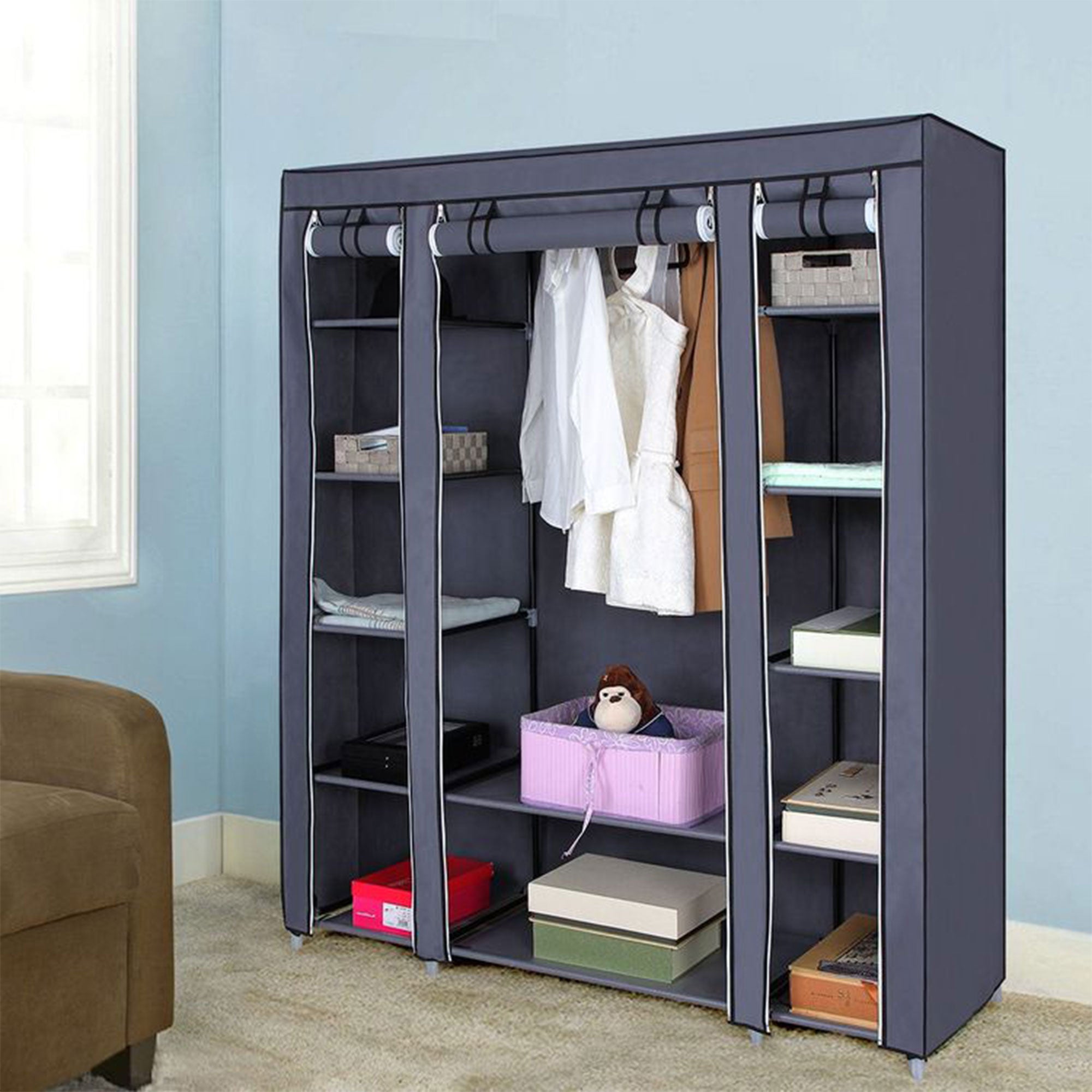 SONGMICS Portable Closet Wardrobe Organizer with Hanging Rod and Shelves (Used) - VMInnovations
