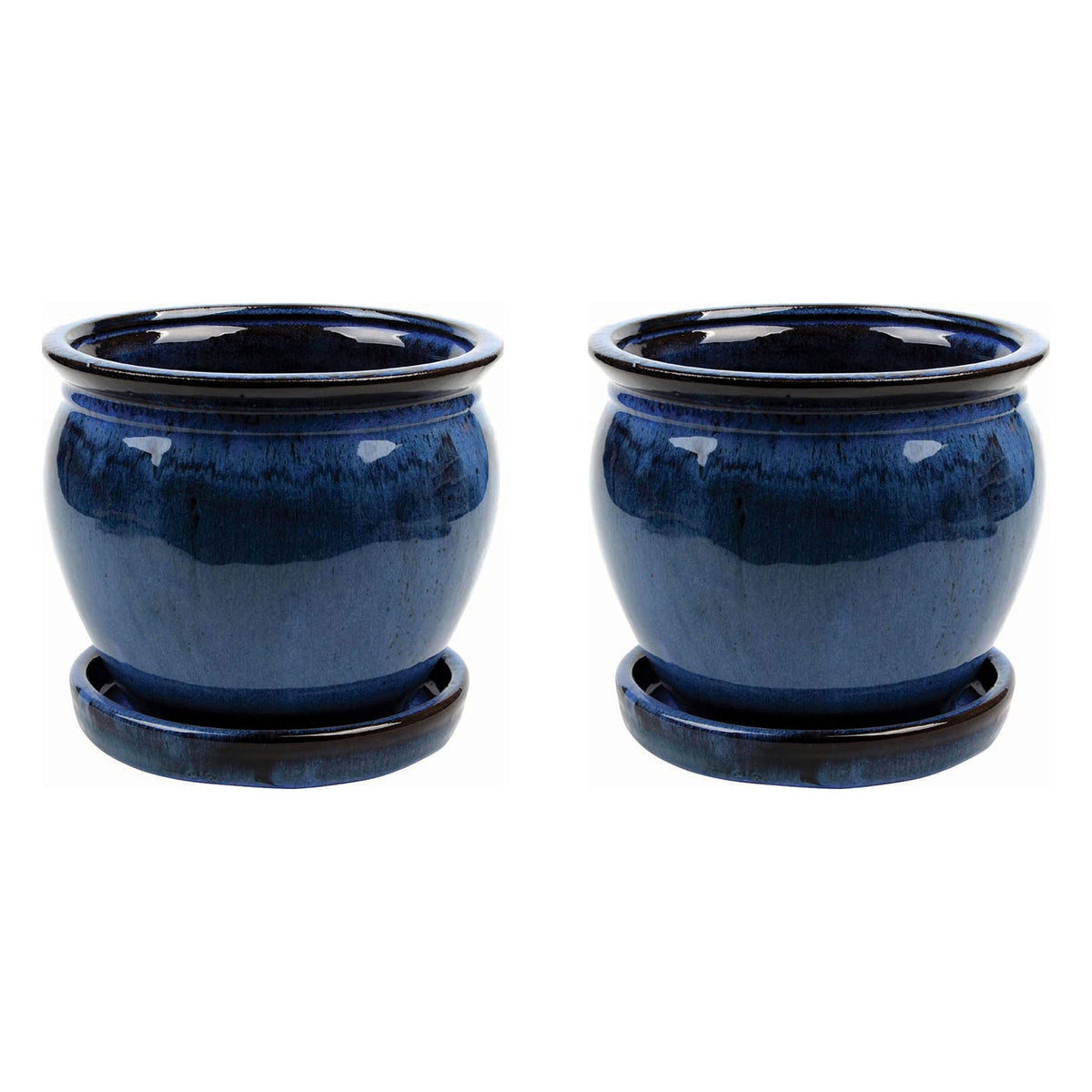 Southern Patio Wisteria 12 Inch Ceramic Planter Pot with Saucer, Blue (2 Pack) - VMInnovations