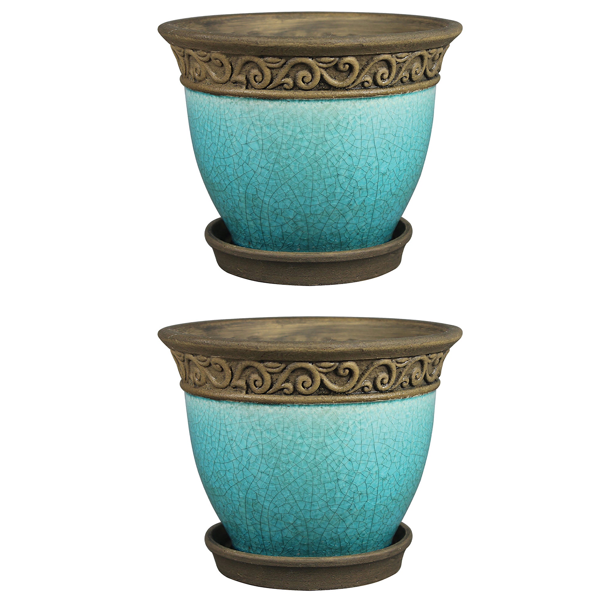 Southern Patio Cadiz 8" Crackled Ceramic Planter Pot w/Saucer, Teal (2 Pack) - VMInnovations
