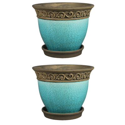 Southern Patio Cadiz 8" Crackled Ceramic Planter Pot w/Saucer, Teal (2 Pack)
