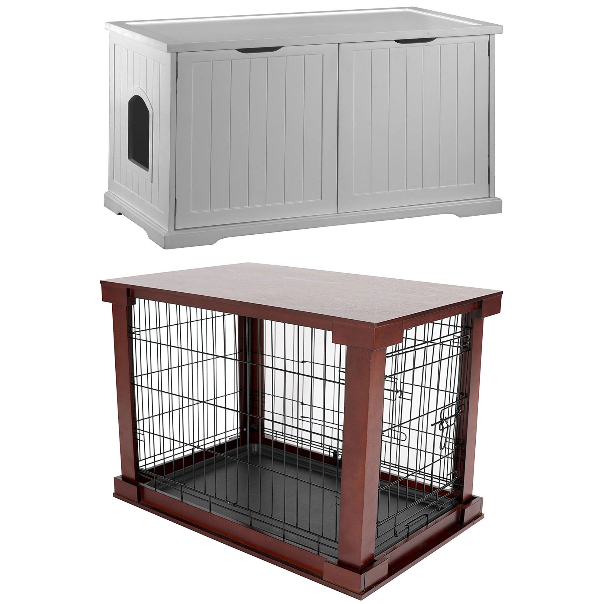 Merry Products Pet Cat Washroom Bench Box with Removable Partition Wall, White + Merry Products Decorative Pet Cage w/ Protection Box End Table, Large, Brown