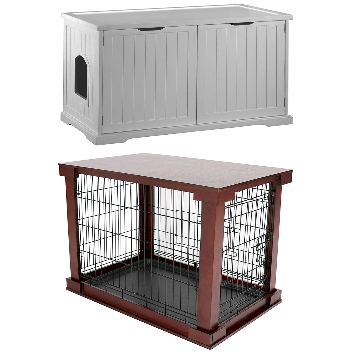 Merry Products Pet Cat Washroom Bench Box with Removable Partition Wall, White + Merry Products Decorative Pet Cage w/ Protection Box End Table, Large, Brown