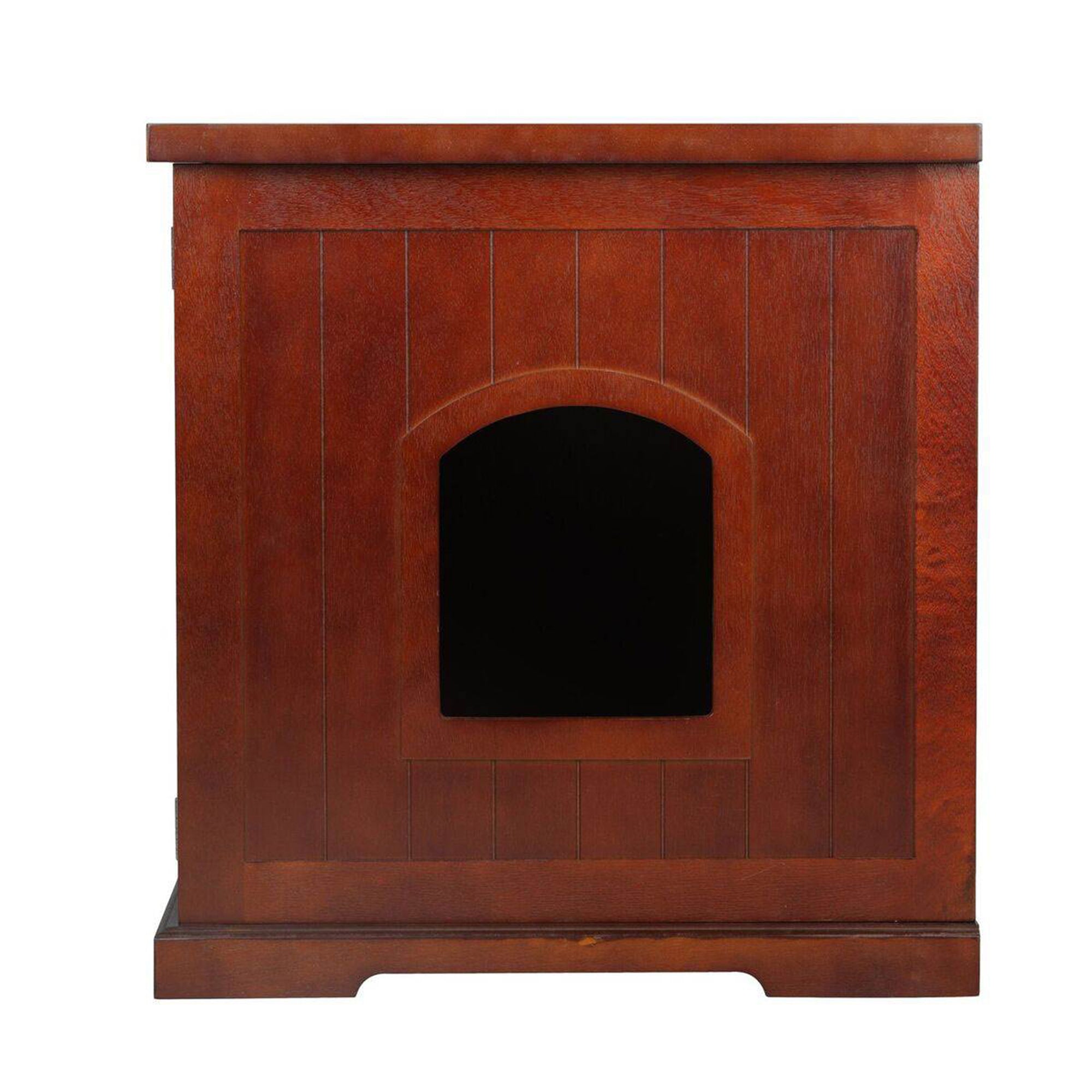 Merry Products Pet Cat Washroom Bench with Removable Partition Wall, Walnut + Merry Products Decorative Pet Cage w/ Protection Box End Table, Black - VMInnovations