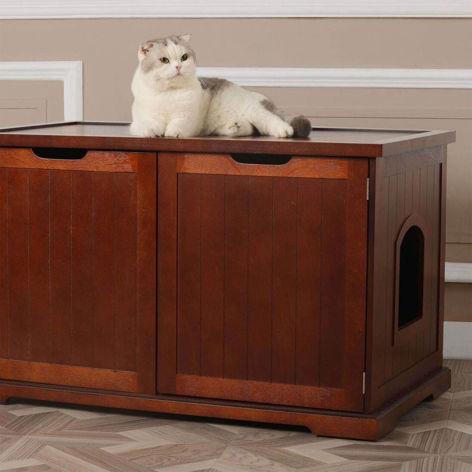 Merry Products Pet Cat Washroom Bench with Removable Partition Wall, Walnut + Merry Products Decorative Pet Cage w/ Protection Box End Table, Black - VMInnovations