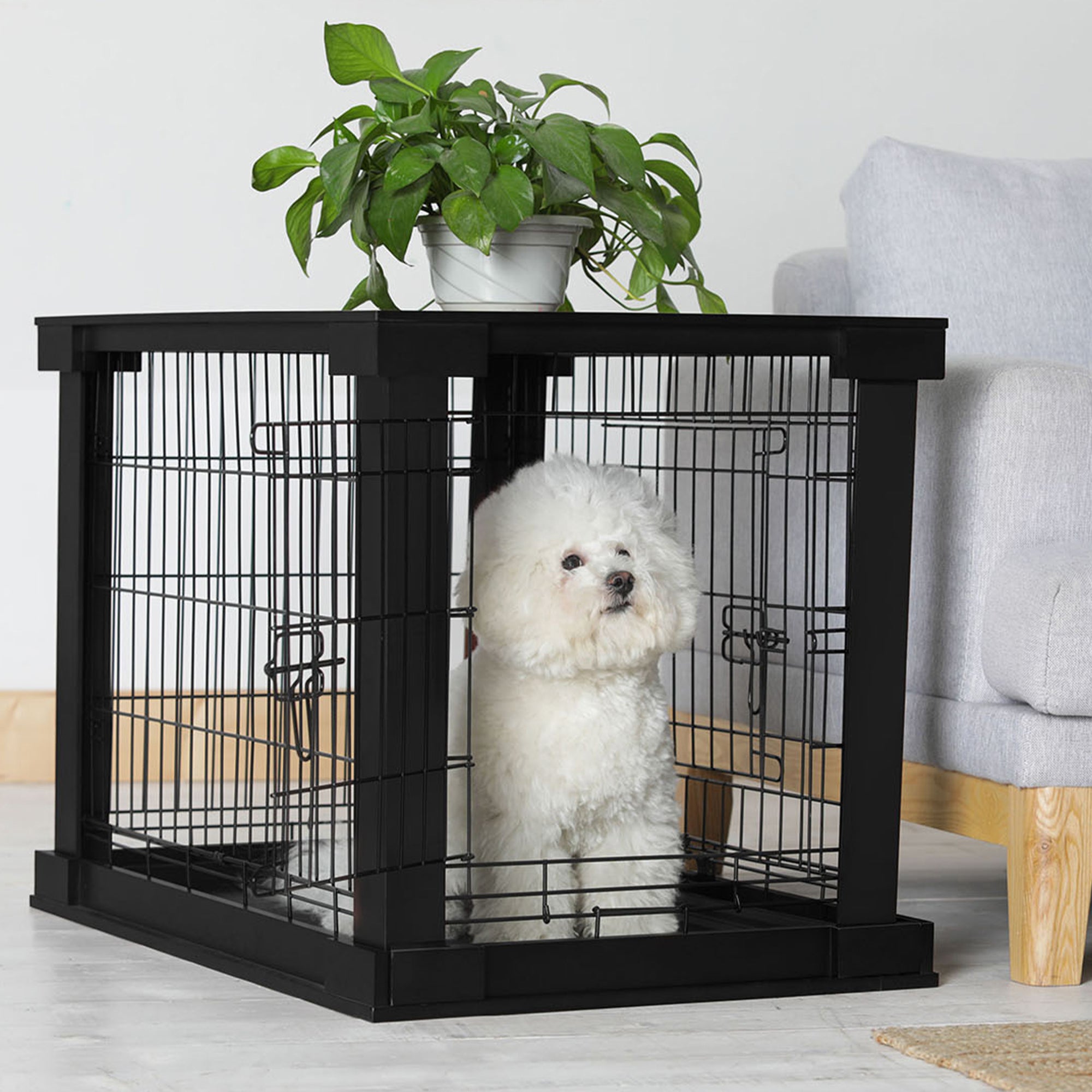 Merry Products Pet Cat Washroom Bench with Removable Partition Wall, Walnut + Merry Products Decorative Pet Cage w/ Protection Box End Table, Black - VMInnovations