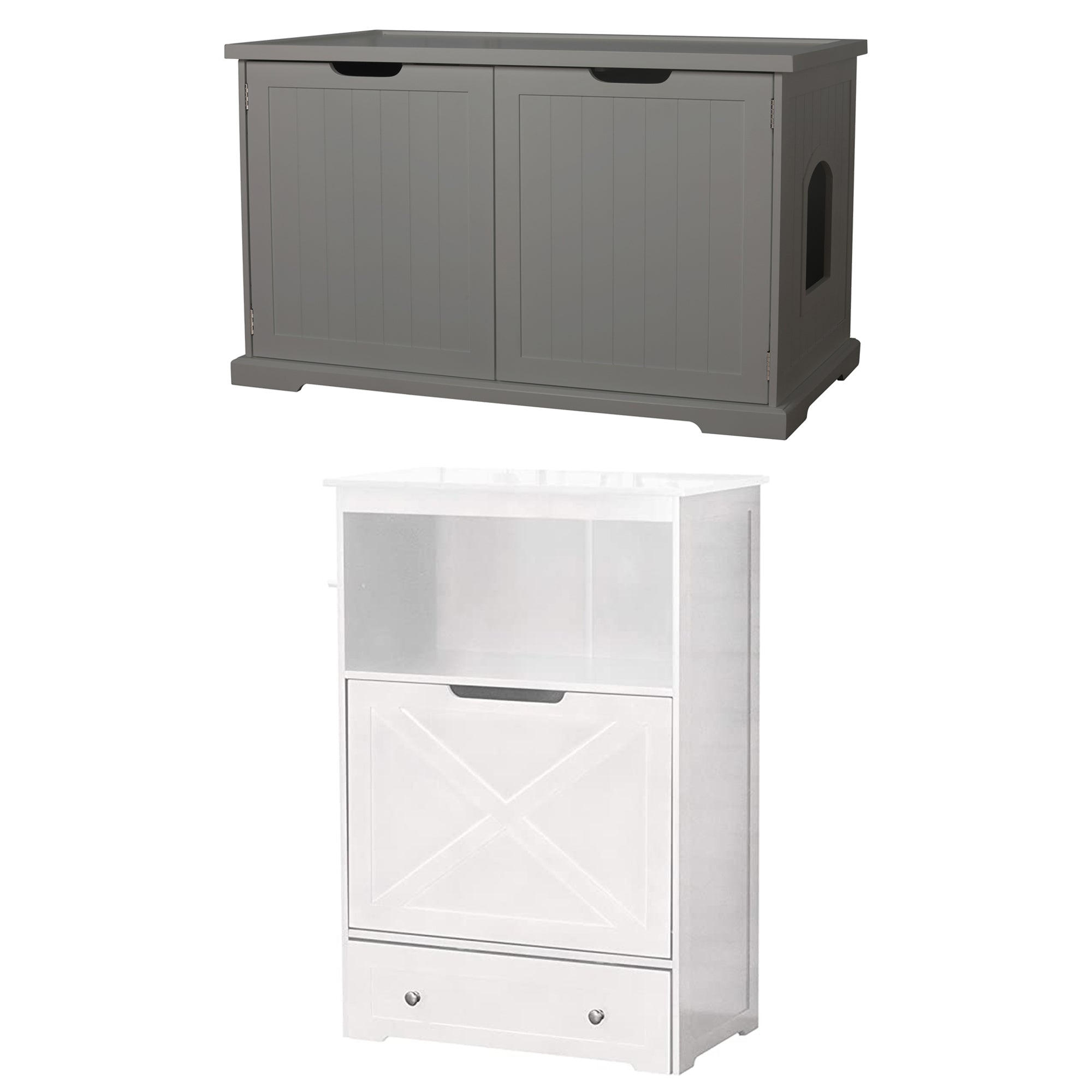 Merry PTH1031722510 Pet Cat Washroom Bench with Removable Partition Wall, Gray + Zoovilla Pet Feeder Large Storage Bin with Hidden Elevated Dog Bowl Stand, White